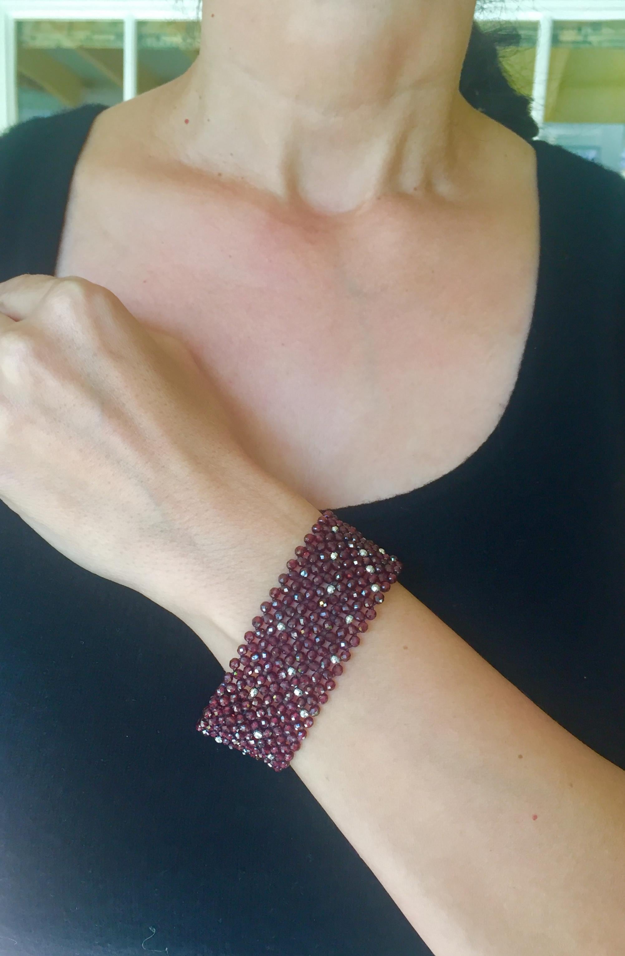 Women's Marina J. Bracelet of Woven Faceted Garnet beads and Sterling Silver Clasp  For Sale