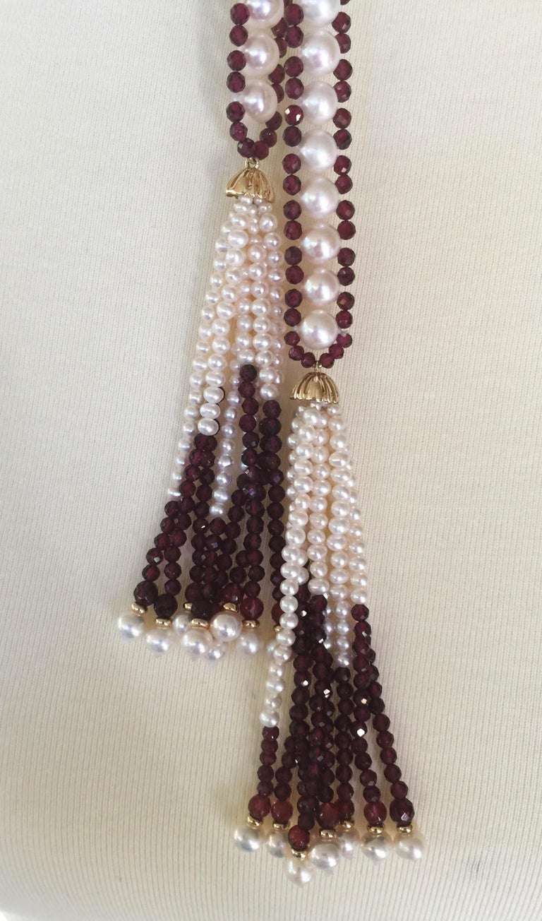 Faceted and White Pearl Sautoir Necklace with 14 Karat Gold