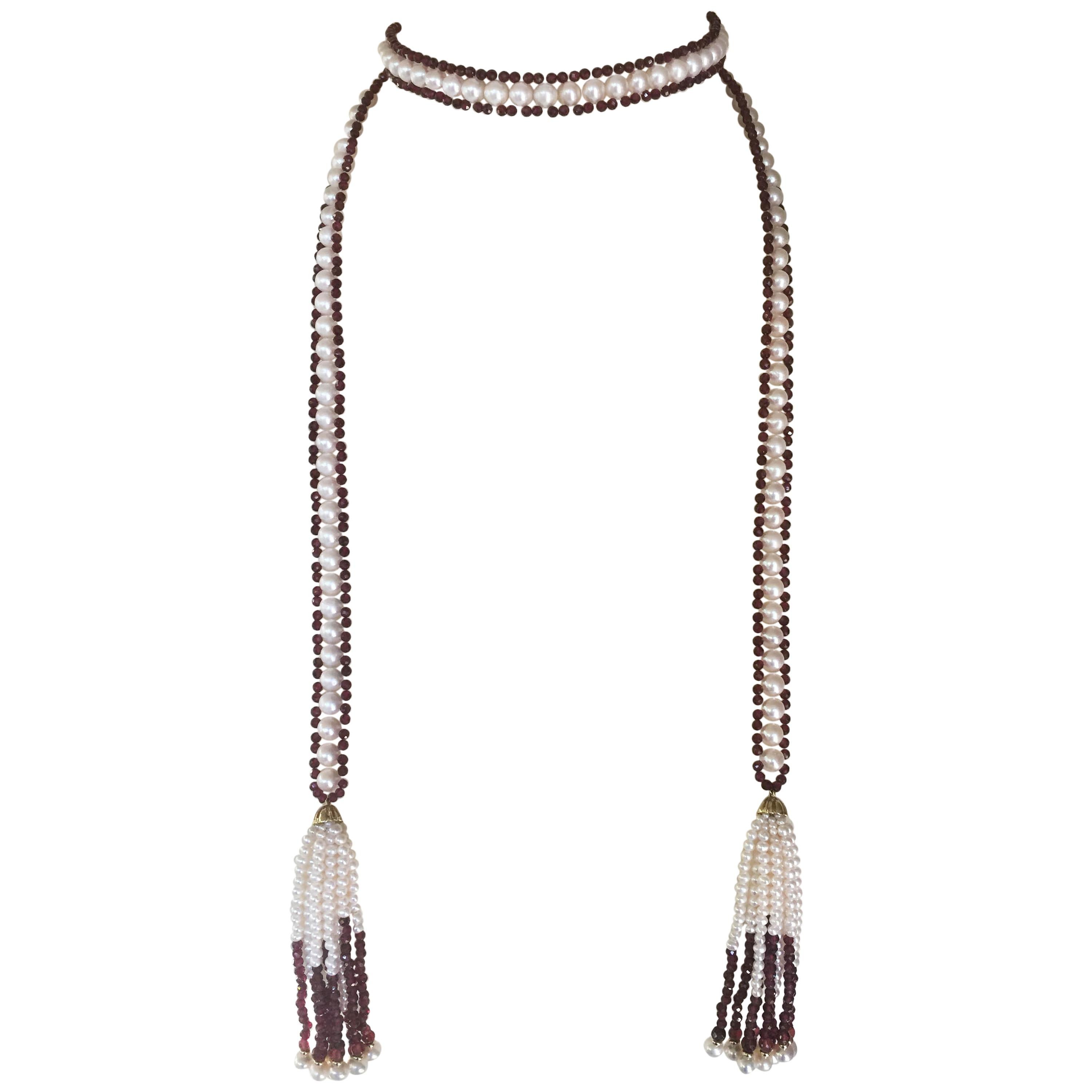 Marina J. Pearl, Garnet and 14K Yellow Gold Woven Sautoir with Lavish Tassels In New Condition In Los Angeles, CA