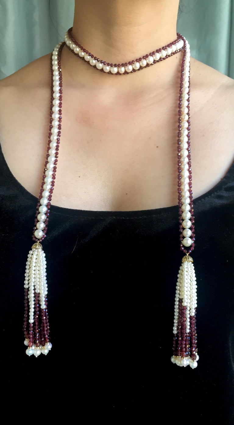 Faceted and White Pearl Sautoir Necklace with 14 Karat Gold