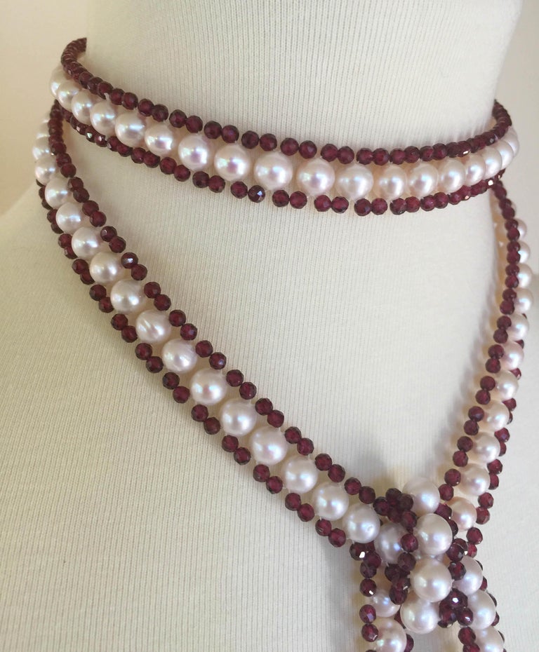 Faceted and White Pearl Sautoir Necklace with 14 Karat Gold