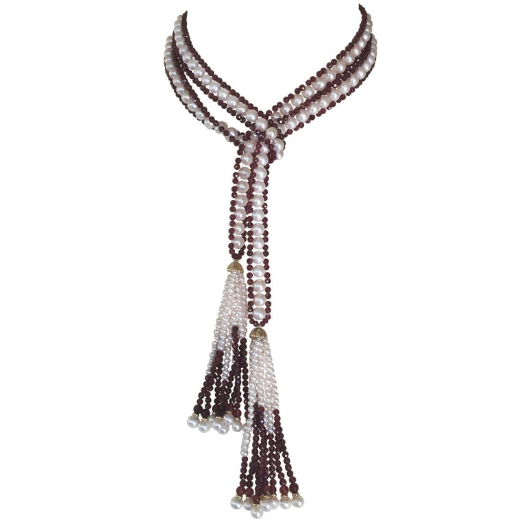Faceted and White Pearl Sautoir Necklace with 14 Karat Gold