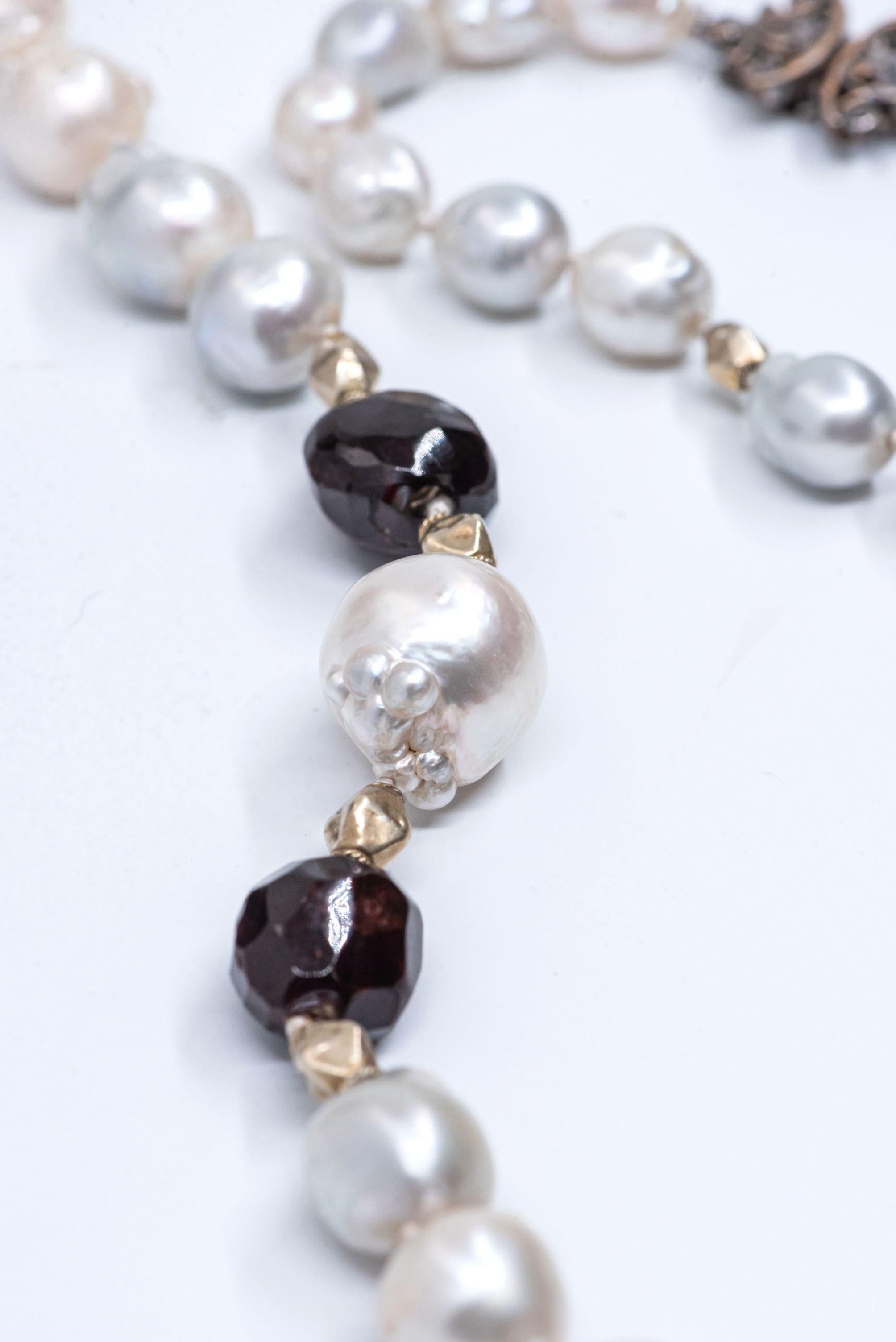 Faceted Garnet Intan Diamonds Baroque South Sea Pearl Vintage Chain Necklace For Sale 4