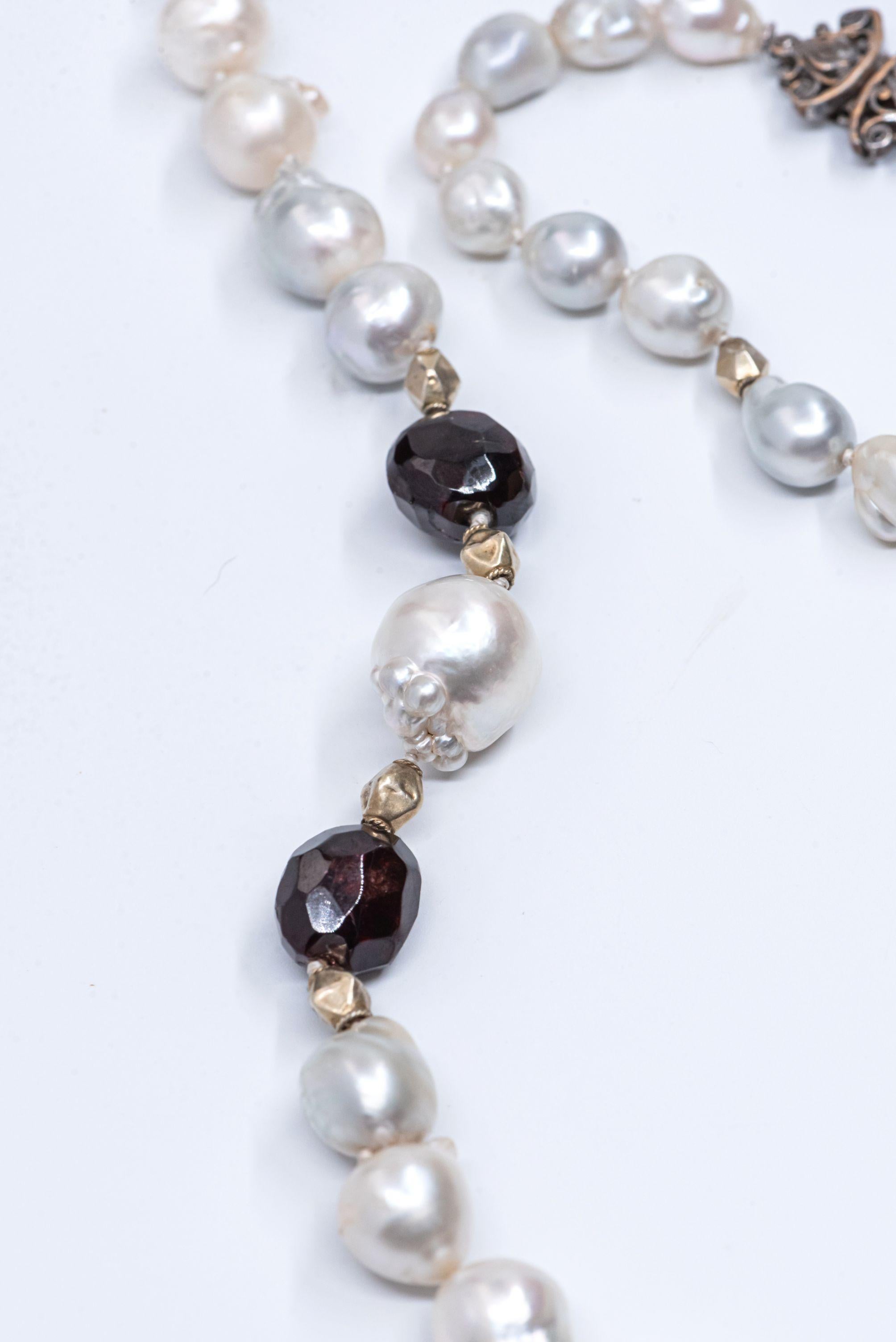 Faceted Garnet Intan Diamonds Baroque South Sea Pearl Vintage Chain Necklace For Sale 5
