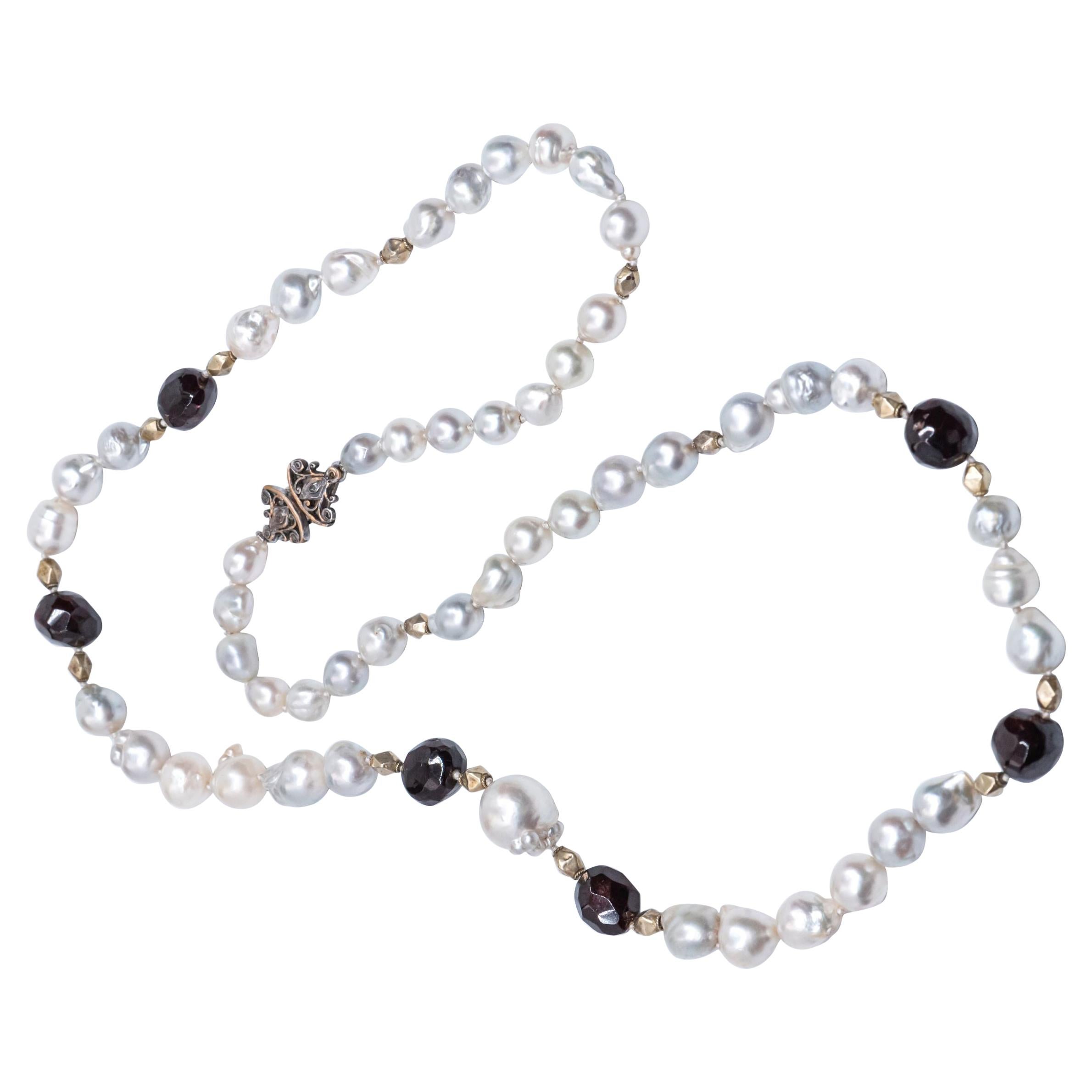 Faceted Garnet Intan Diamonds Baroque South Sea Pearl Vintage Chain Necklace For Sale