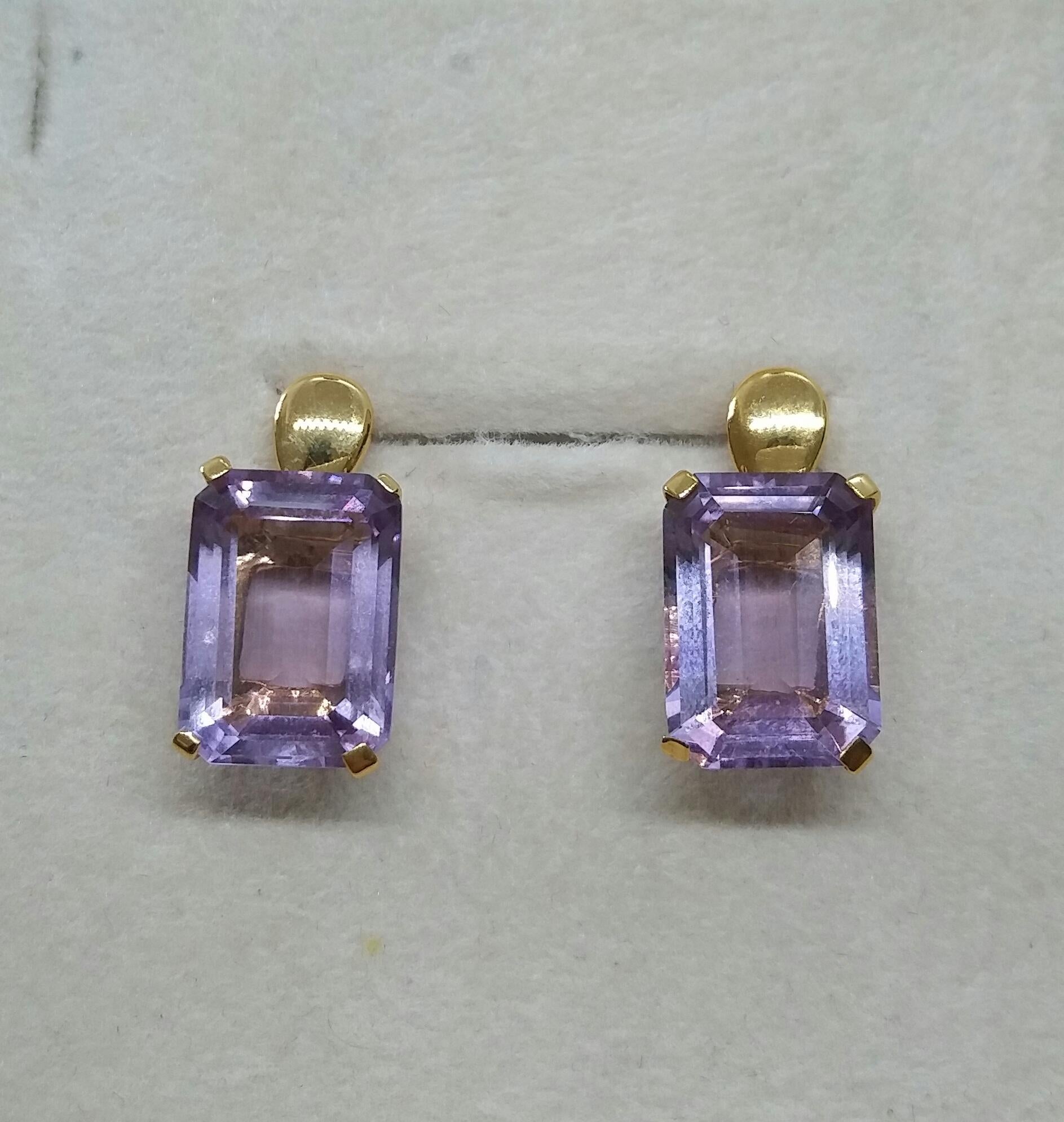Octagon Cut Faceted Genuine Amethyst Octagon Shape 14 Karat Yellow Gold Stud Earrings For Sale