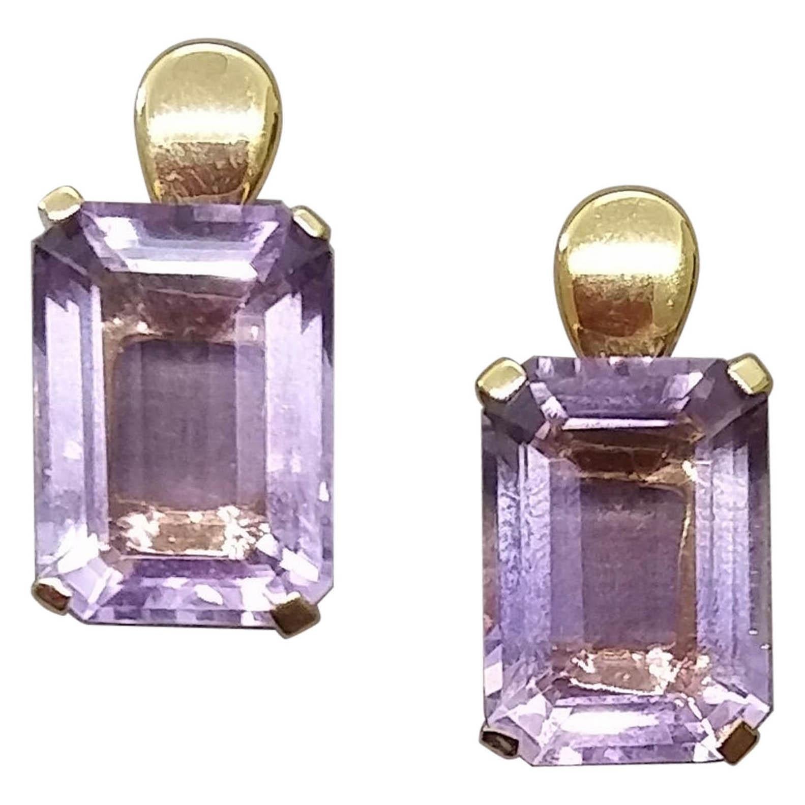 Faceted Genuine Amethyst Octagon Shape 14 Karat Yellow Gold Stud Earrings For Sale