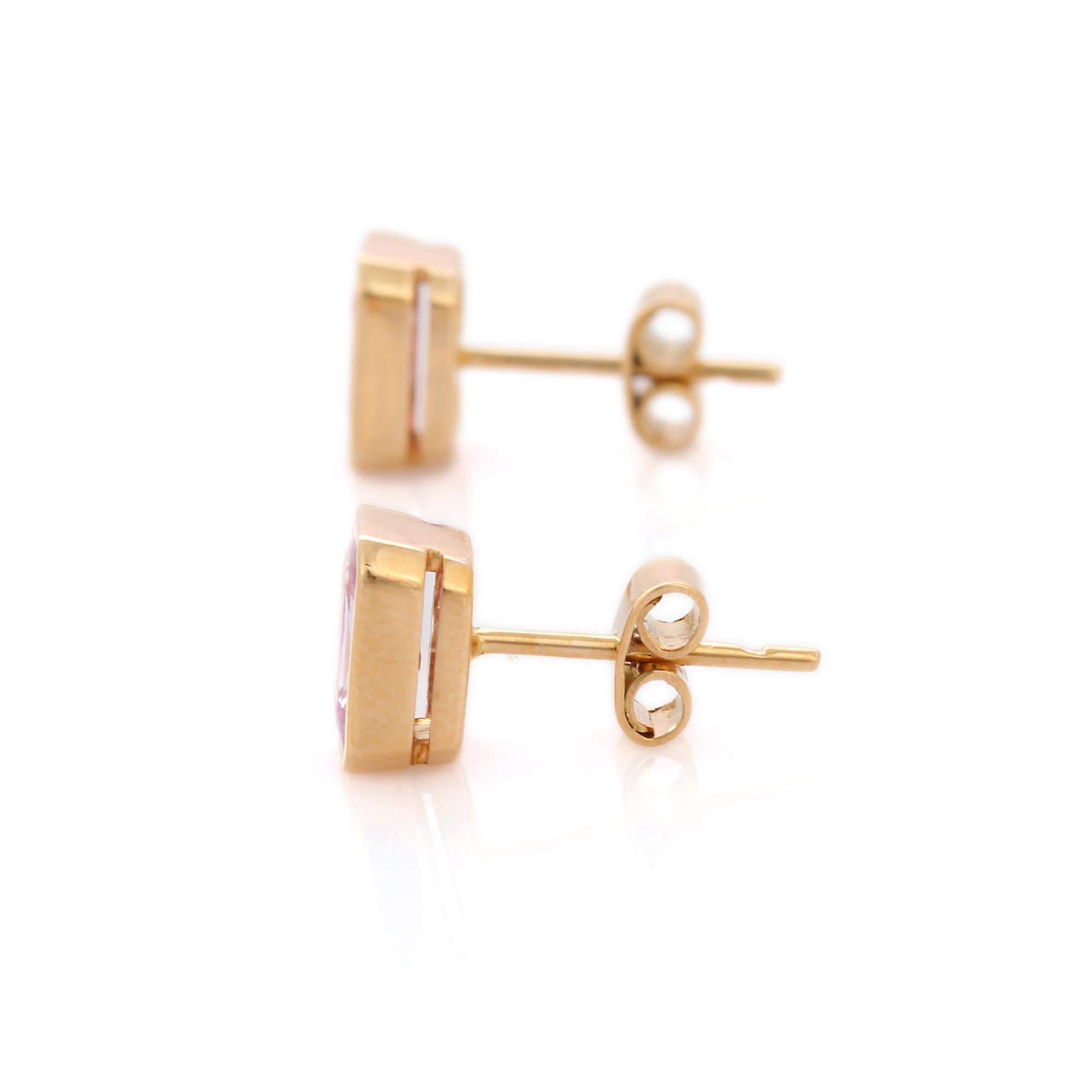 Modern Faceted Genuine Pink Sapphire Octagon Shaped Stud Earrings in 18K Yellow Gold For Sale