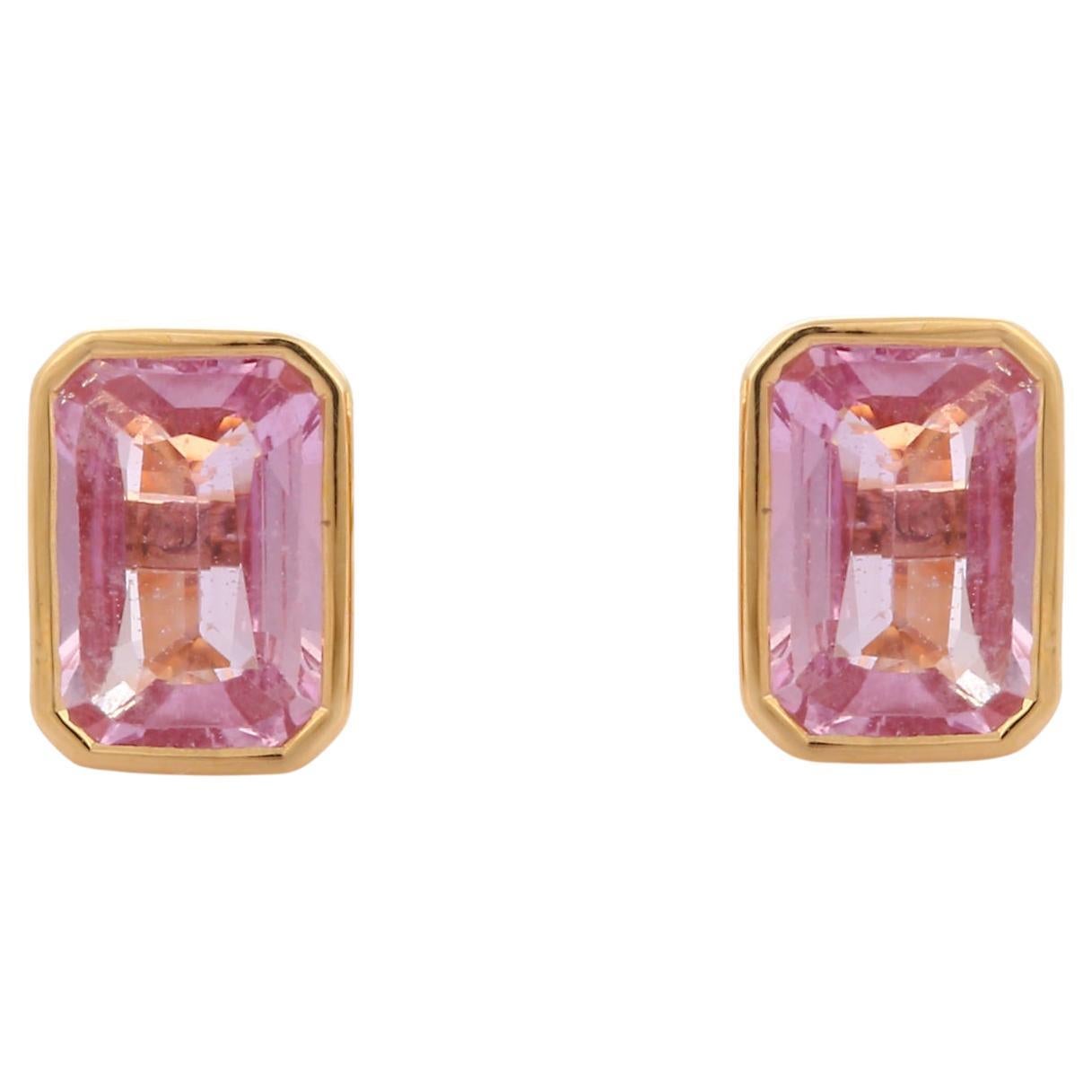 Faceted Genuine Pink Sapphire Octagon Shaped Stud Earrings in 18K Yellow Gold