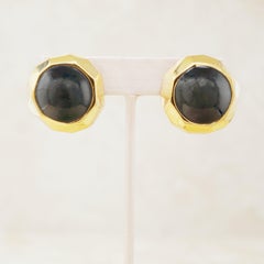 Faceted Gilt & Onyx Cabochon Button Statement Earrings by St. John, 1980s