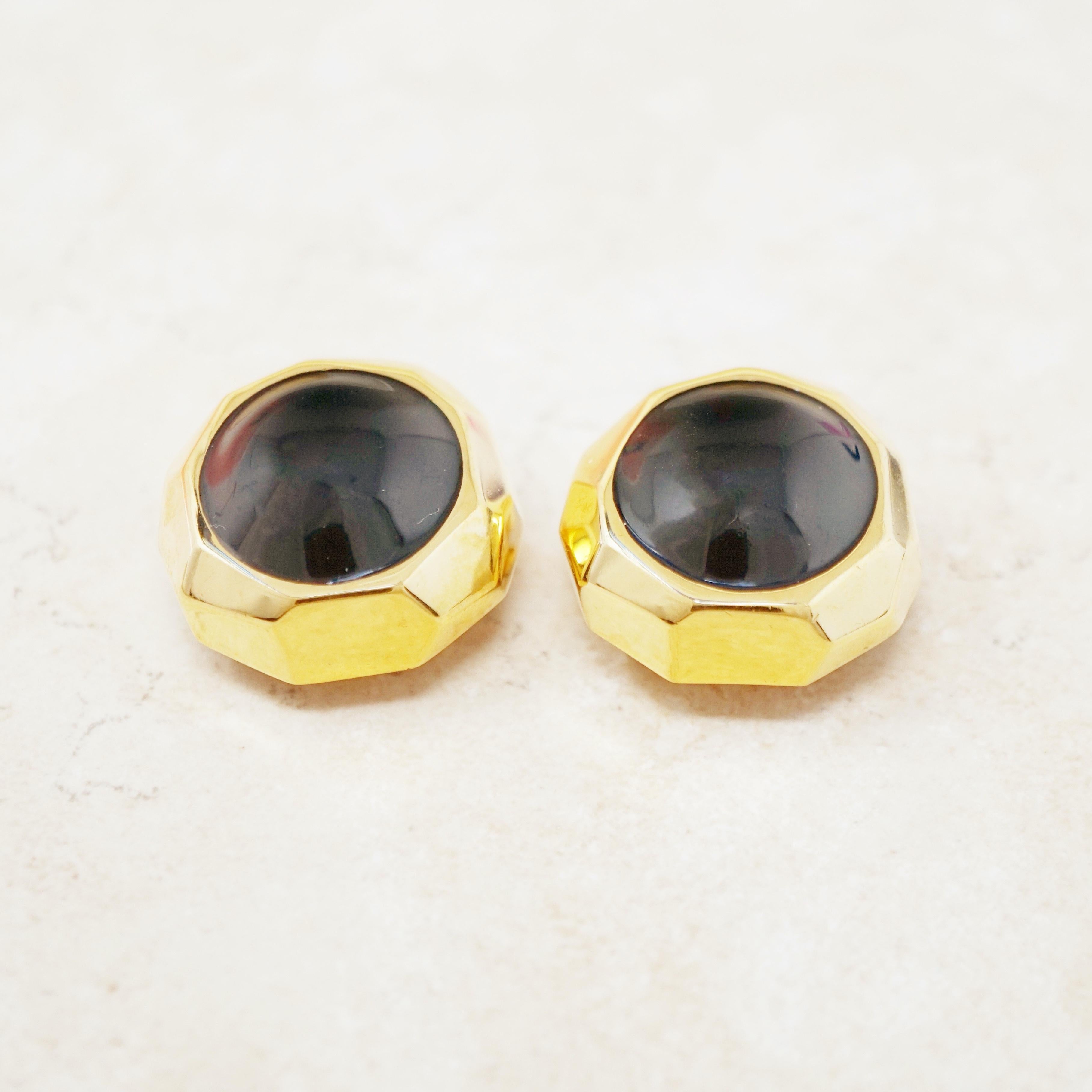 Modern Faceted Gilt & Onyx Cabochon Button Statement Earrings by St. John, 1980s For Sale