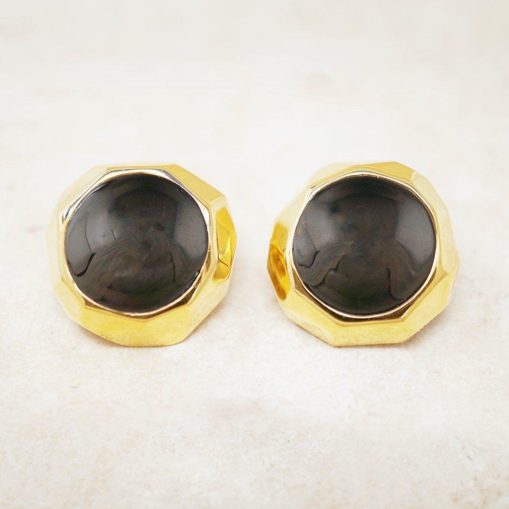 Women's Faceted Gilt & Onyx Cabochon Button Statement Earrings by St. John, 1980s For Sale