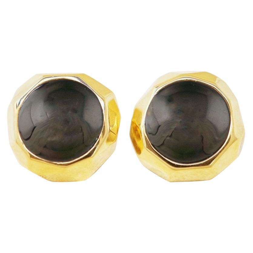 Faceted Gilt & Onyx Cabochon Button Statement Earrings by St. John, 1980s