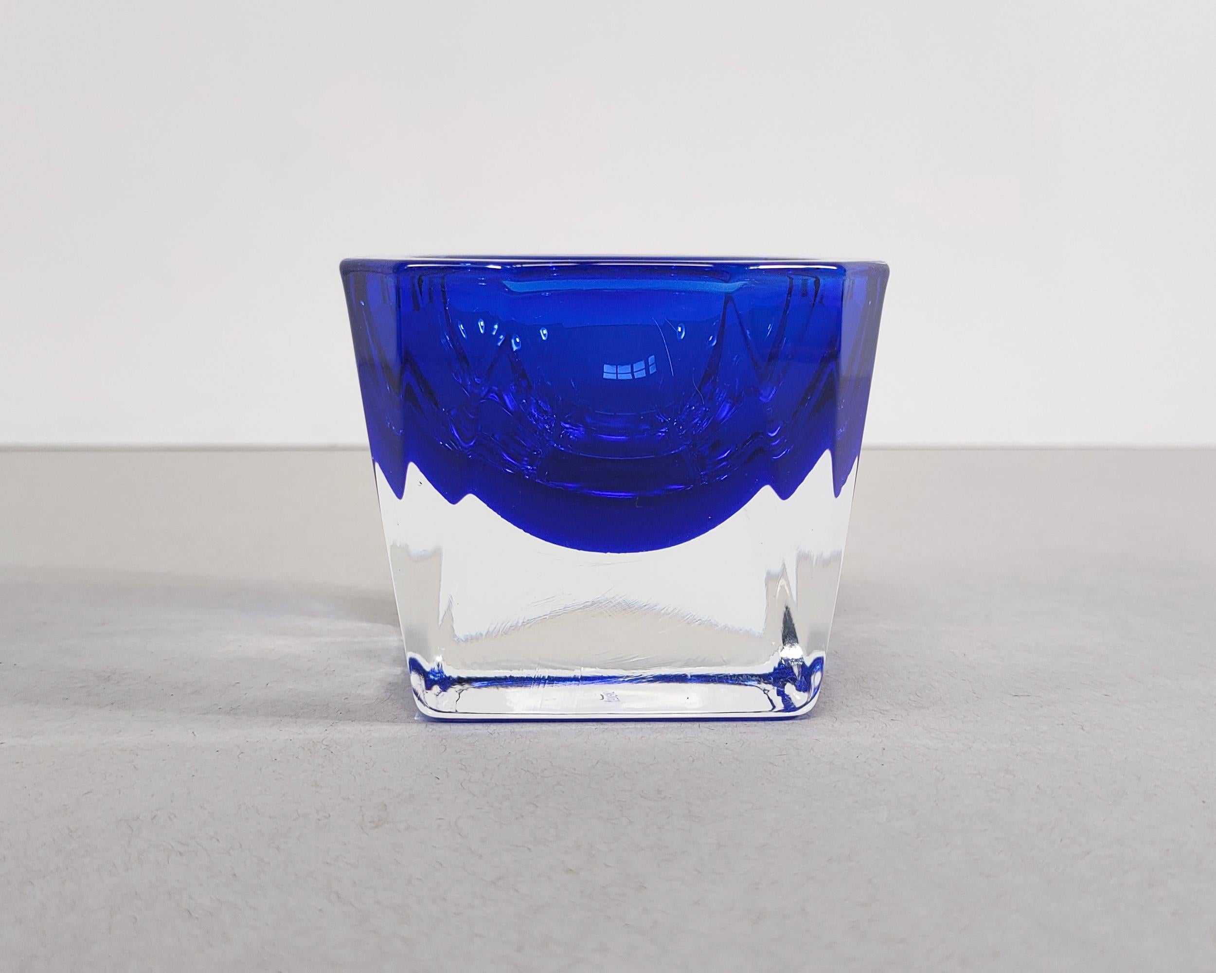 Minimalist Faceted Glass Cobalt Blue Candle Holder Catchall Dish 1980s For Sale