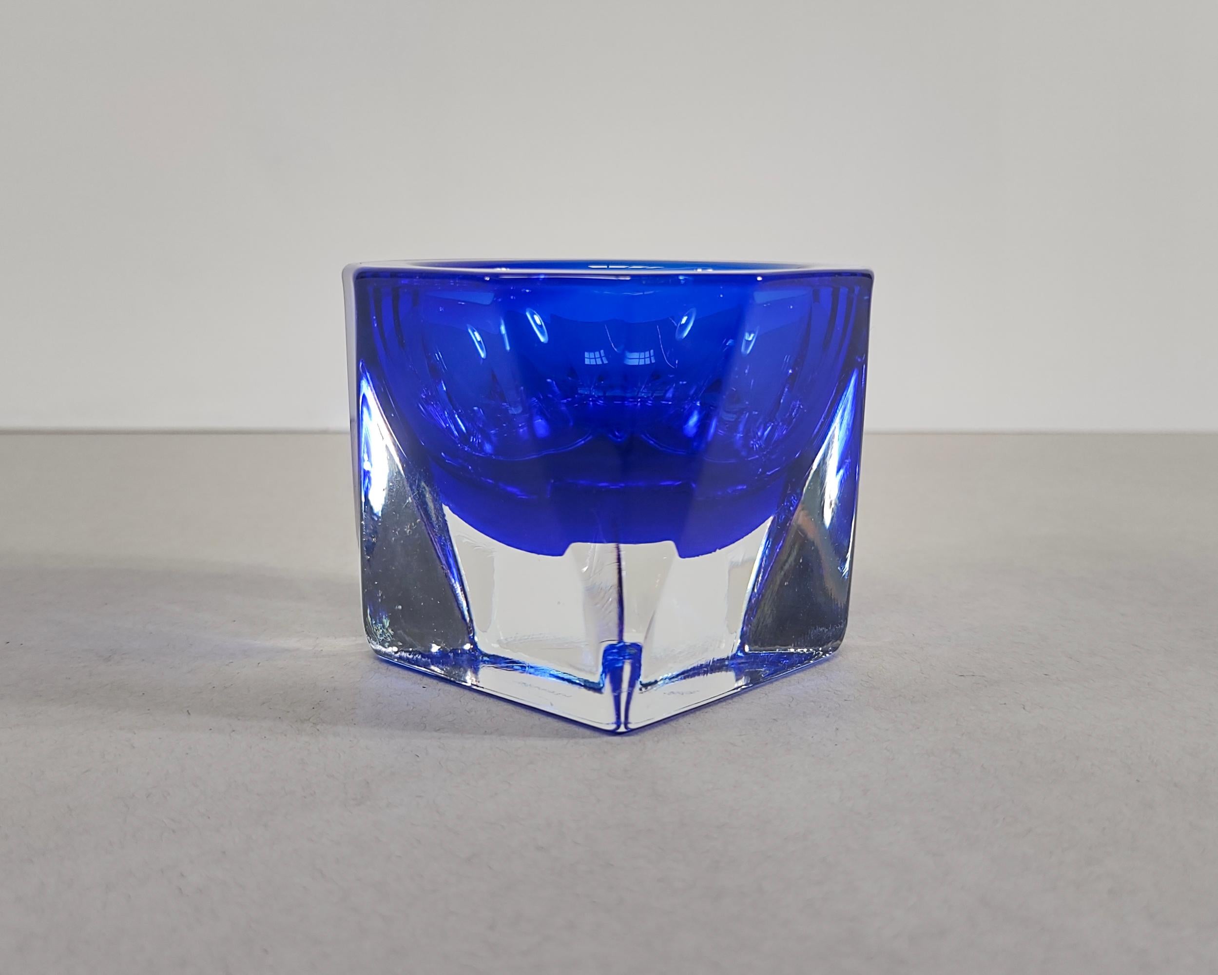American Faceted Glass Cobalt Blue Candle Holder Catchall Dish 1980s For Sale