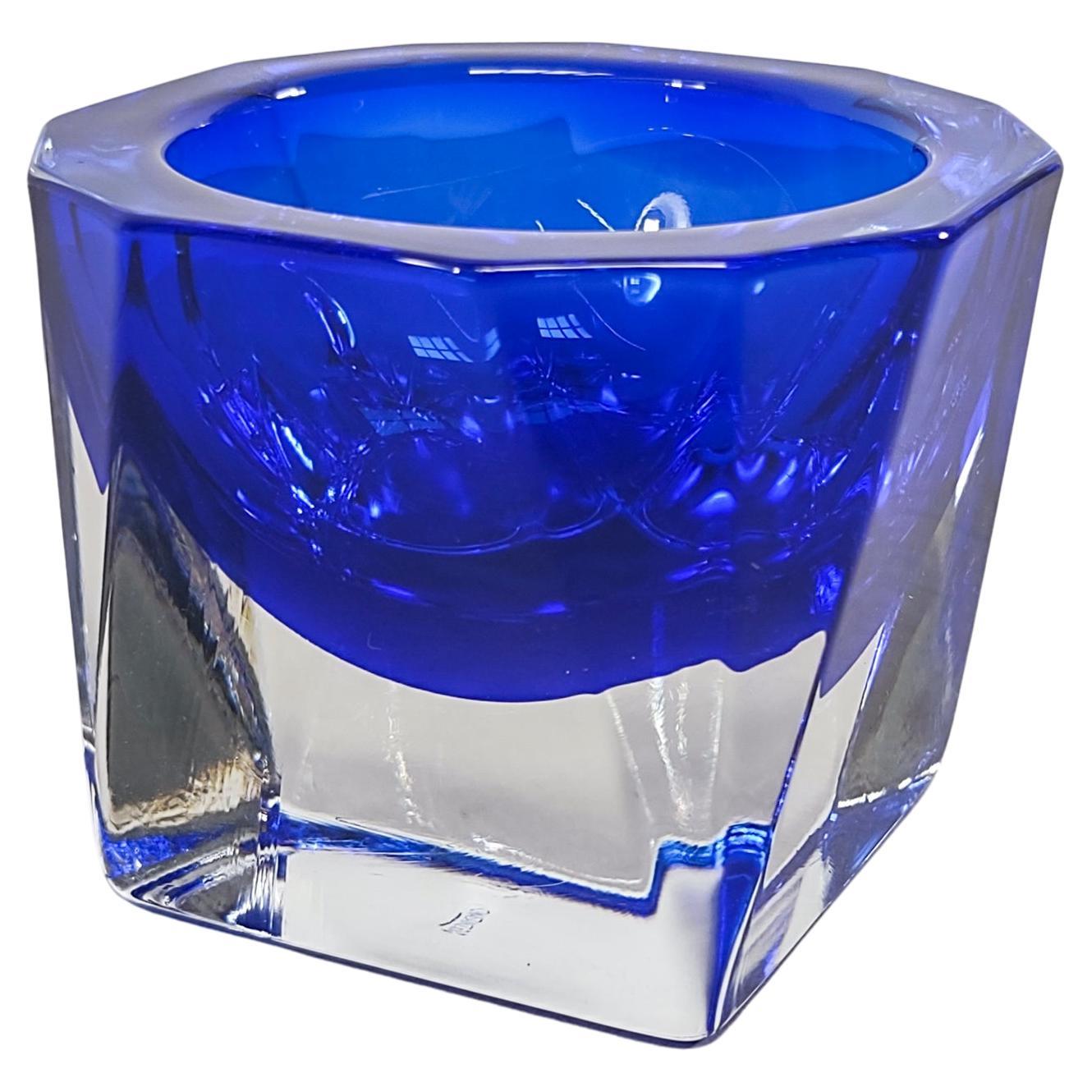 Faceted Glass Cobalt Blue Candle Holder Catchall Dish 1980s For Sale