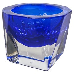 Retro Faceted Glass Cobalt Blue Candle Holder Catchall Dish 1980s