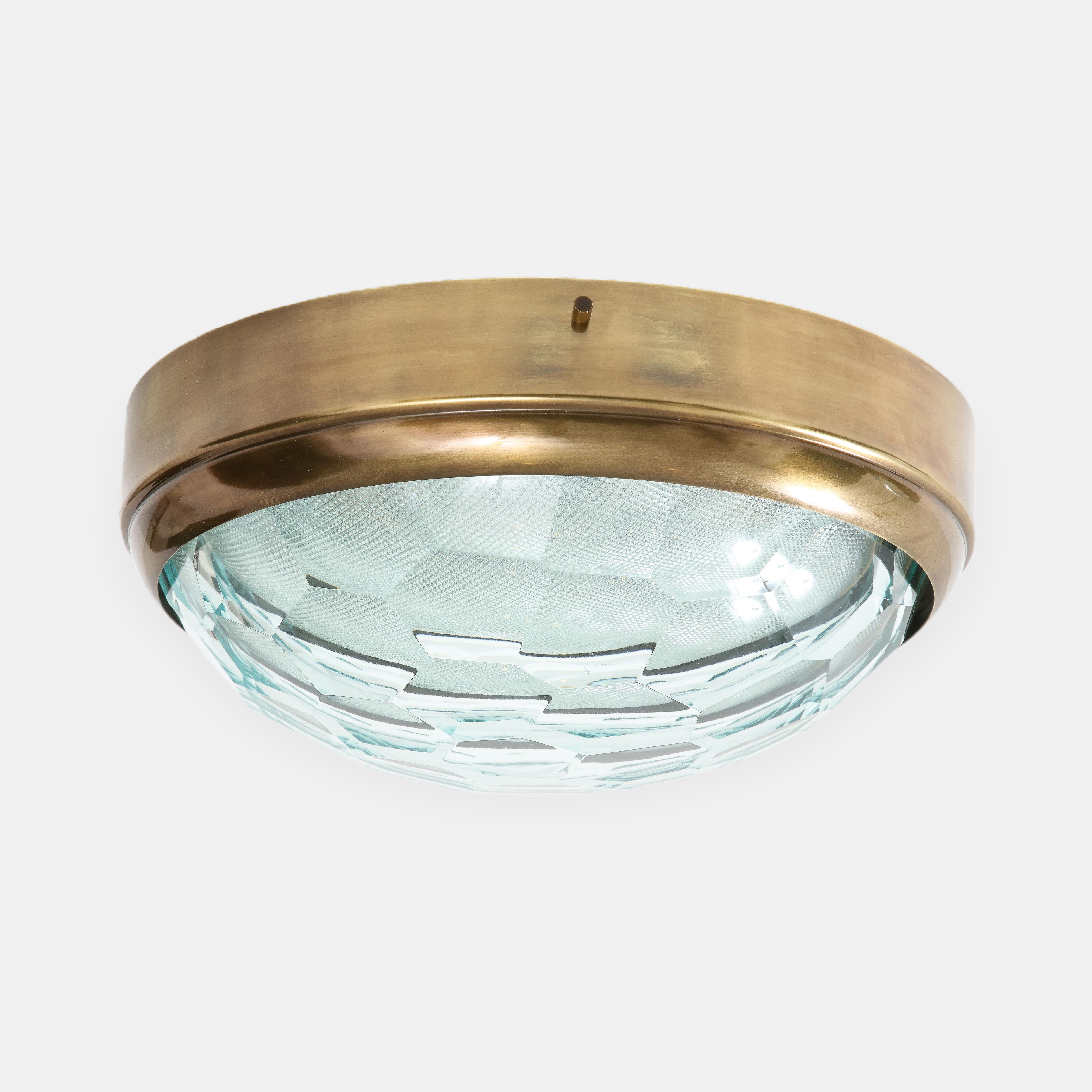 Brass Faceted Glass Flush Mount Ceiling Light in Style of Fontana Arte, 1960s For Sale