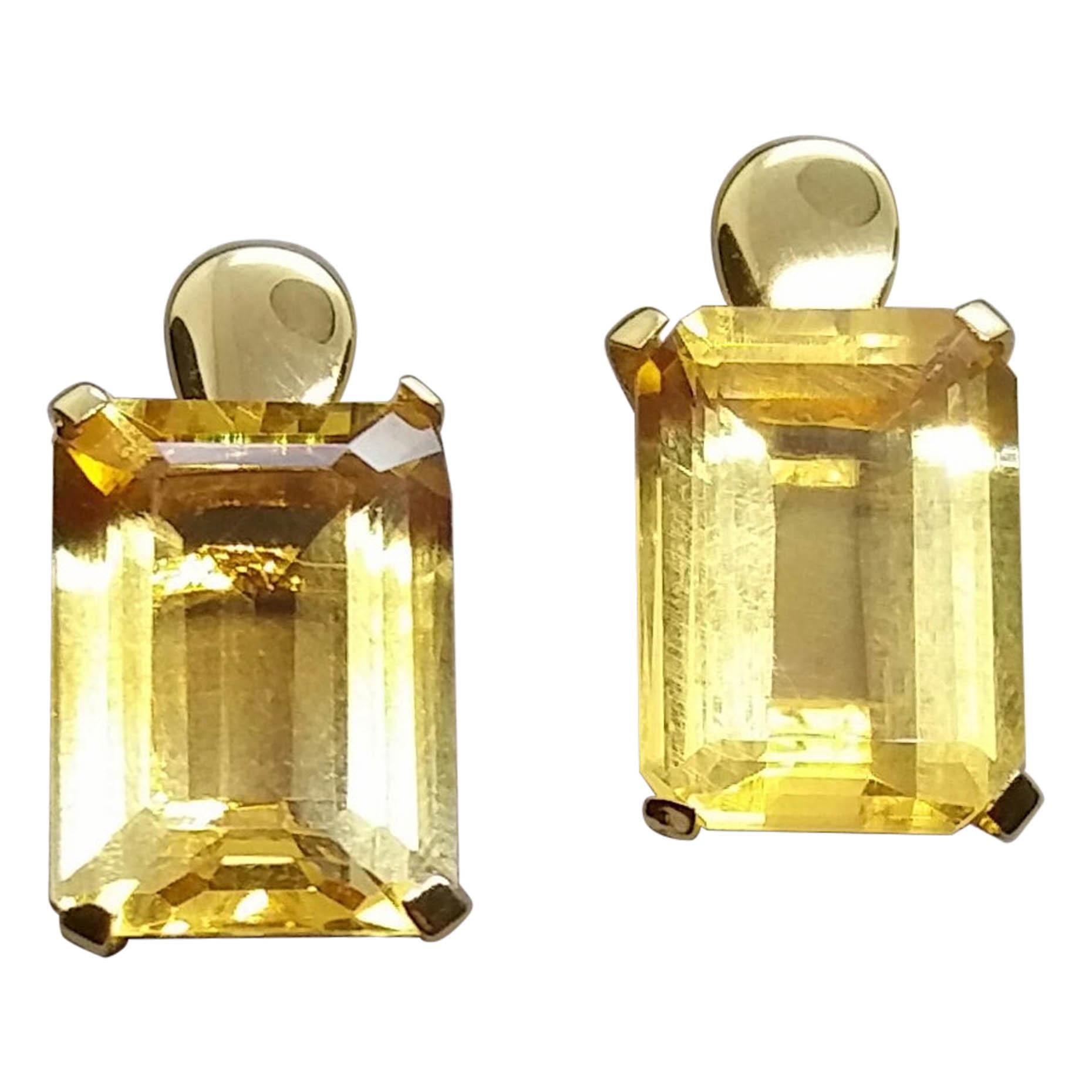 Faceted Golden Citrine Octagon Shape 14 Karat Yellow Gold Stud Earrings For Sale