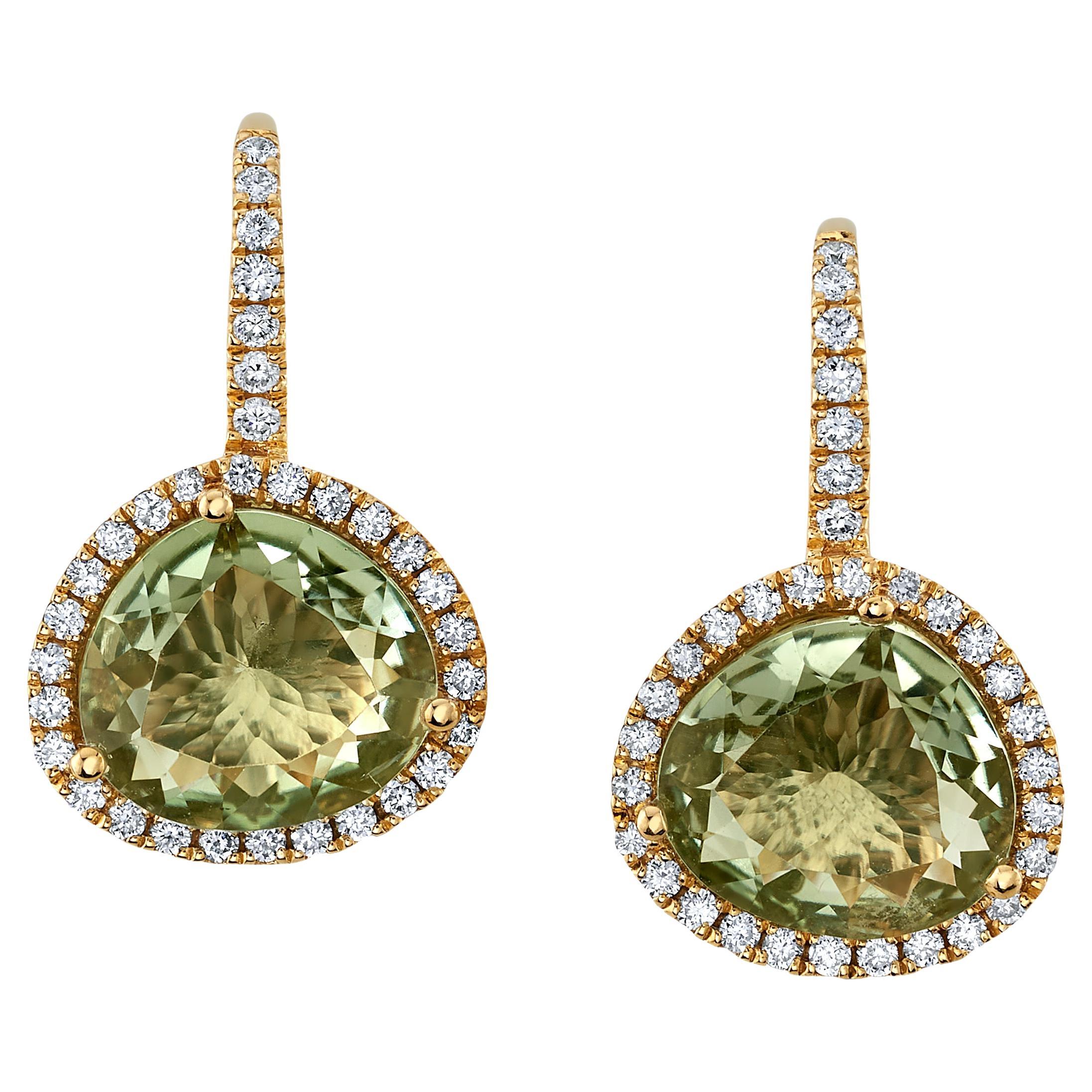  Green Amethyst and Diamond Halo Drop Earrings in Yellow Gold with Lever Backs