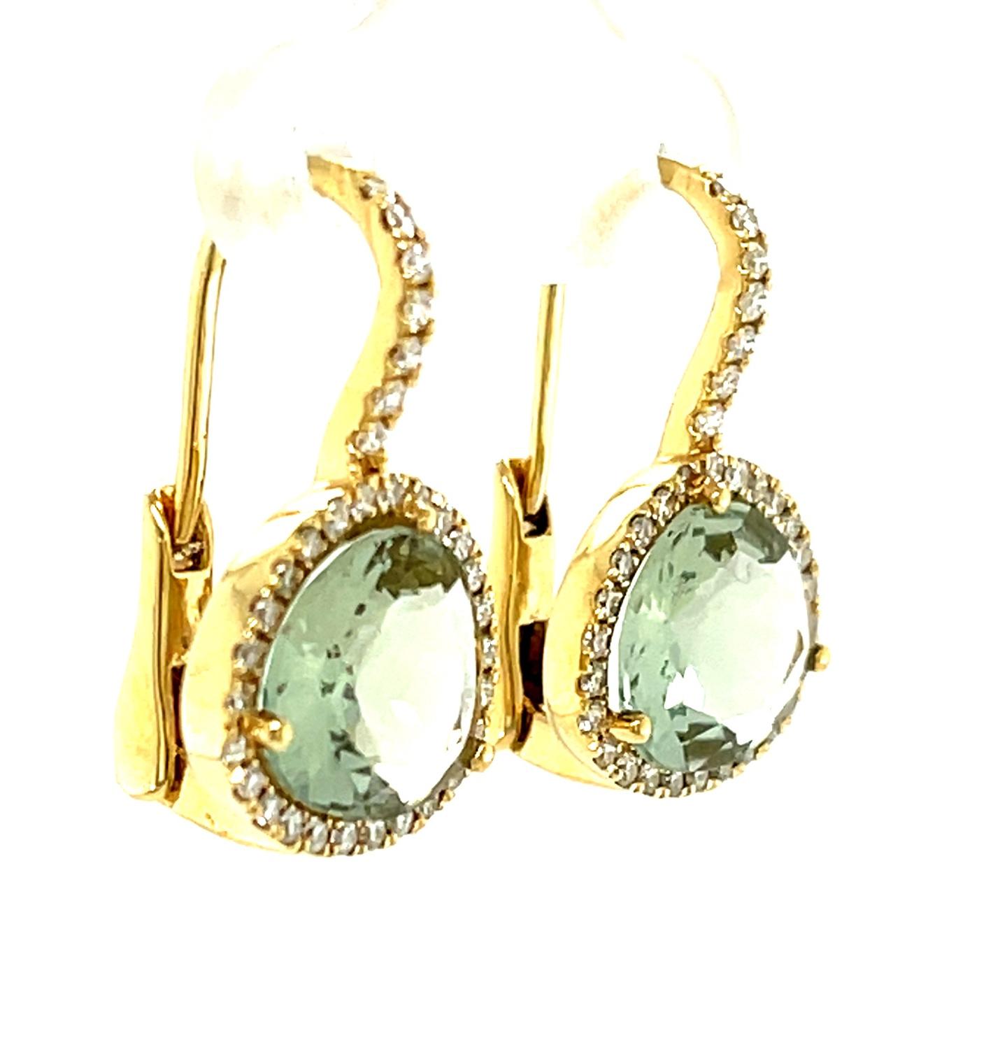 Artisan Faceted Green Amethyst Quartz and Diamond Halo Drop Earrings in 18k Yellow Gold For Sale