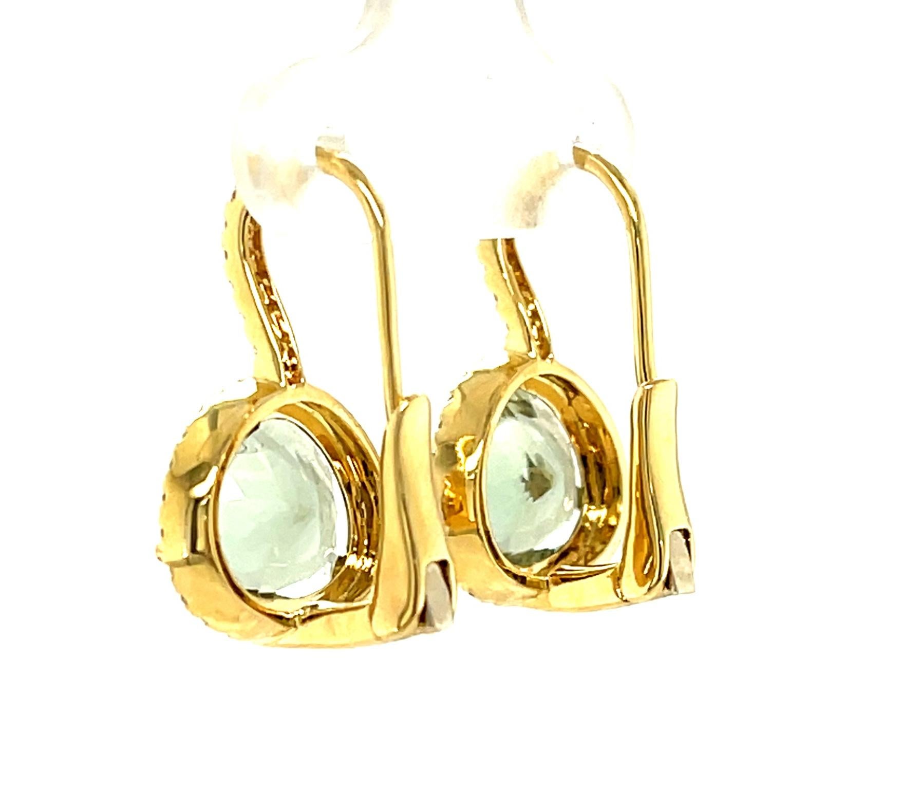 Pear Cut Faceted Green Amethyst Quartz and Diamond Halo Drop Earrings in 18k Yellow Gold For Sale