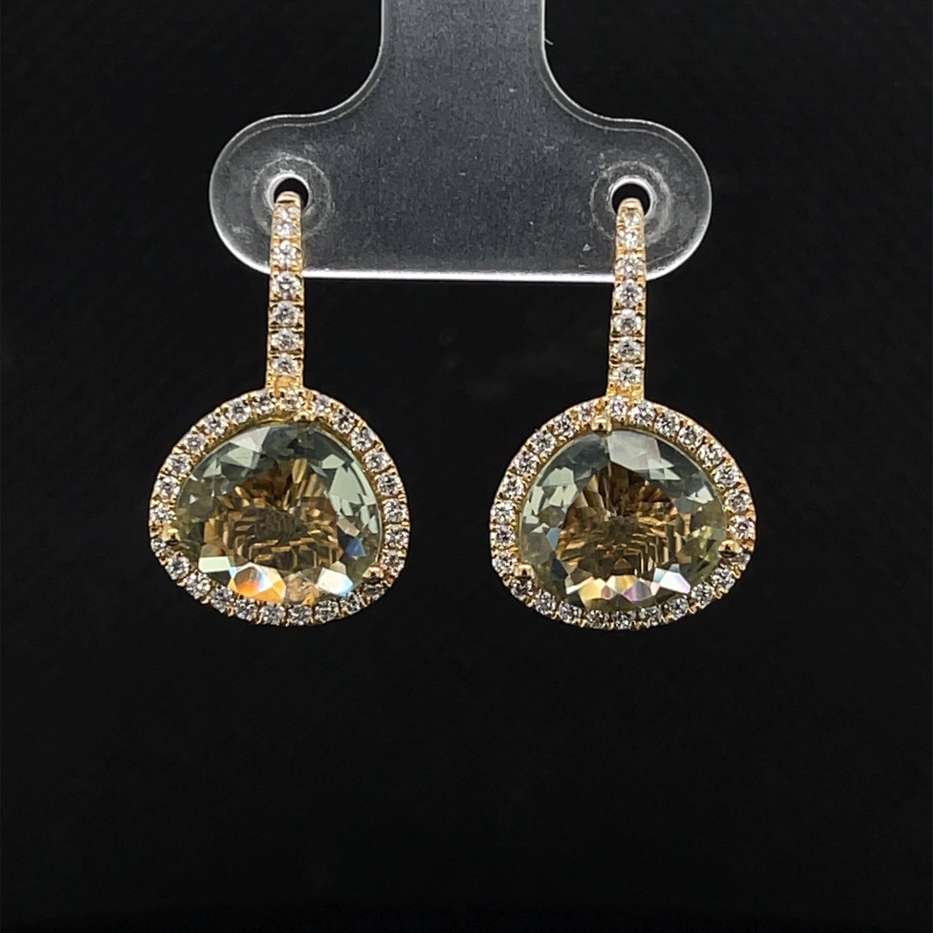 Women's or Men's Faceted Green Amethyst Quartz and Diamond Halo Drop Earrings in 18k Yellow Gold For Sale
