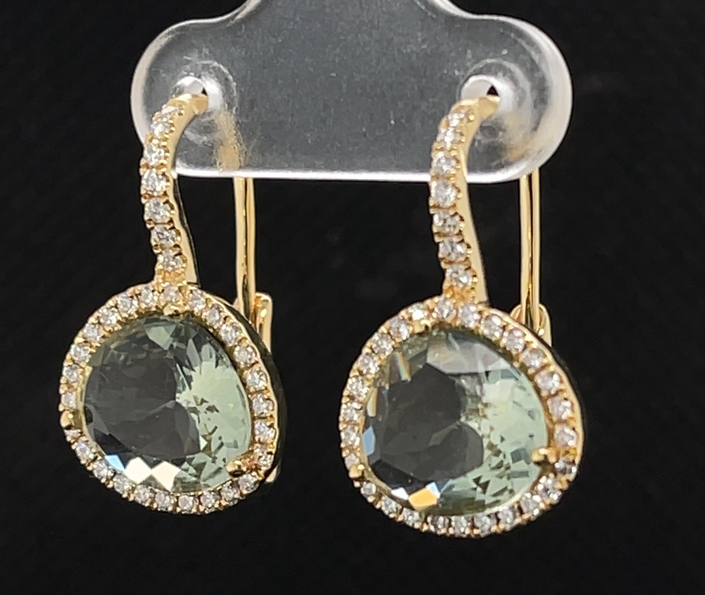 Faceted Green Amethyst Quartz and Diamond Halo Drop Earrings in 18k Yellow Gold For Sale 2