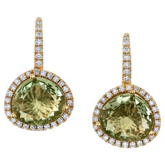 Faceted Green Amethyst Quartz and Diamond Halo Drop Earrings in 18k Yellow Gold