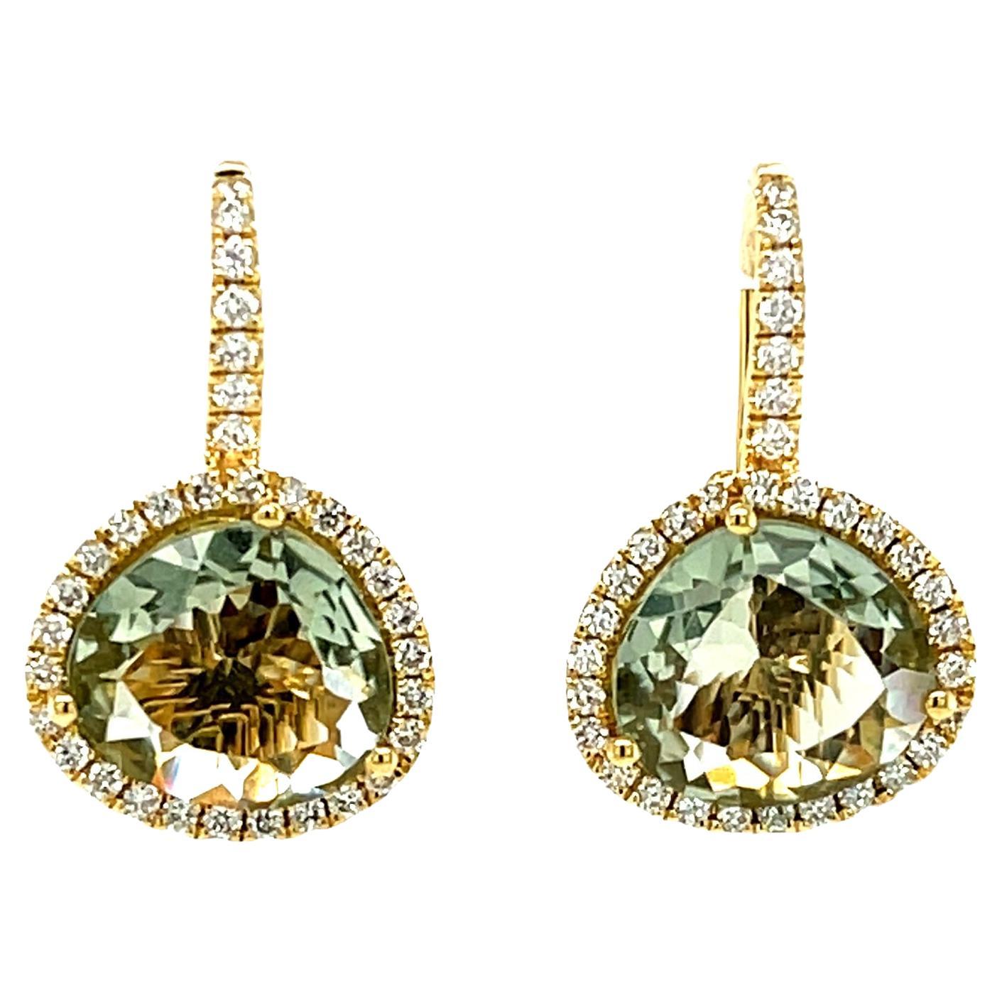 Faceted Green Amethyst Quartz and Diamond Halo Drop Earrings in 18k Yellow Gold For Sale