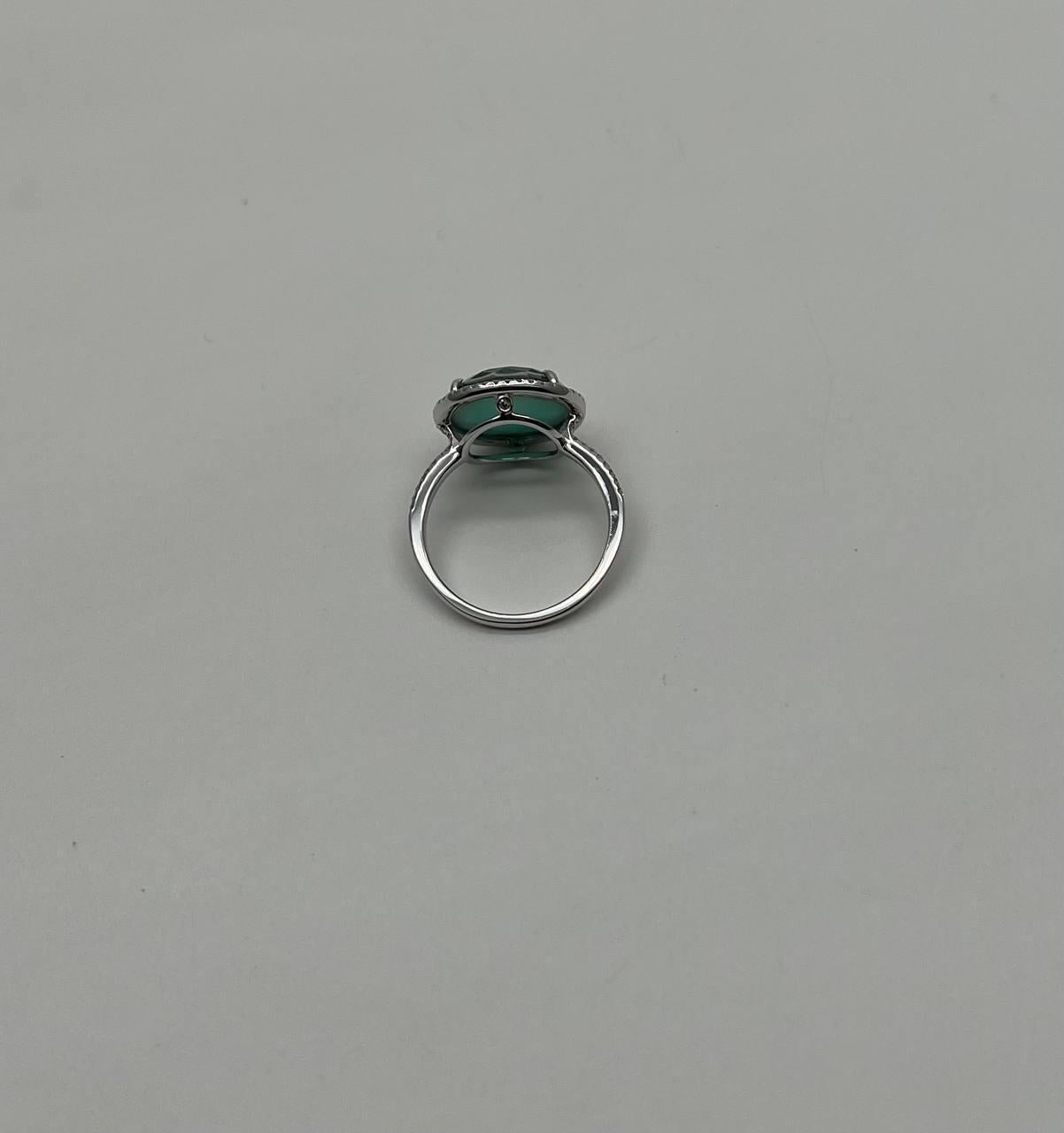 Faceted Green Emerald Cabochon White Diamond 14K White Gold Statement Ring For Sale 6