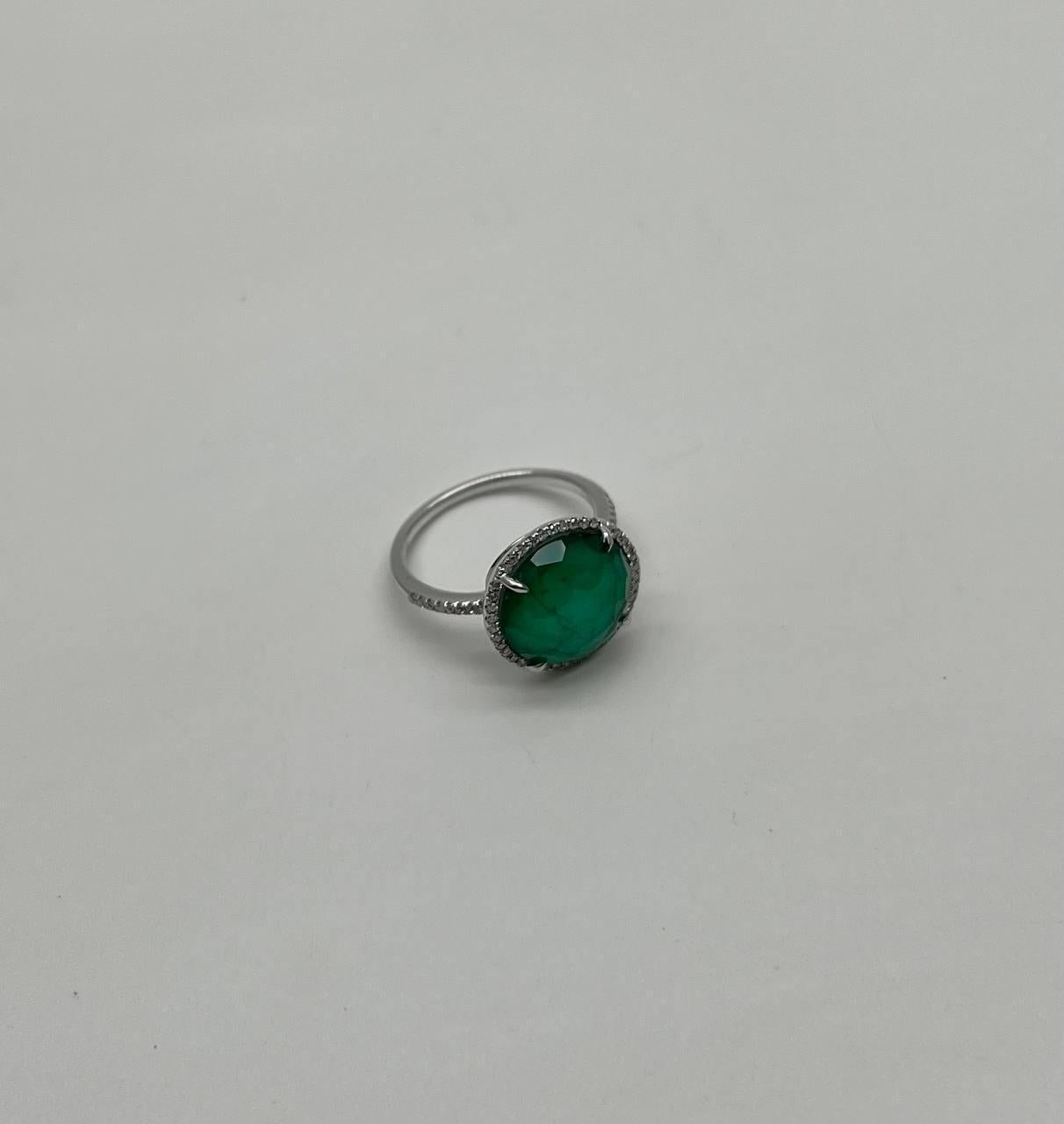 Faceted Green Emerald Cabochon White Diamond 14K White Gold Statement Ring For Sale 7