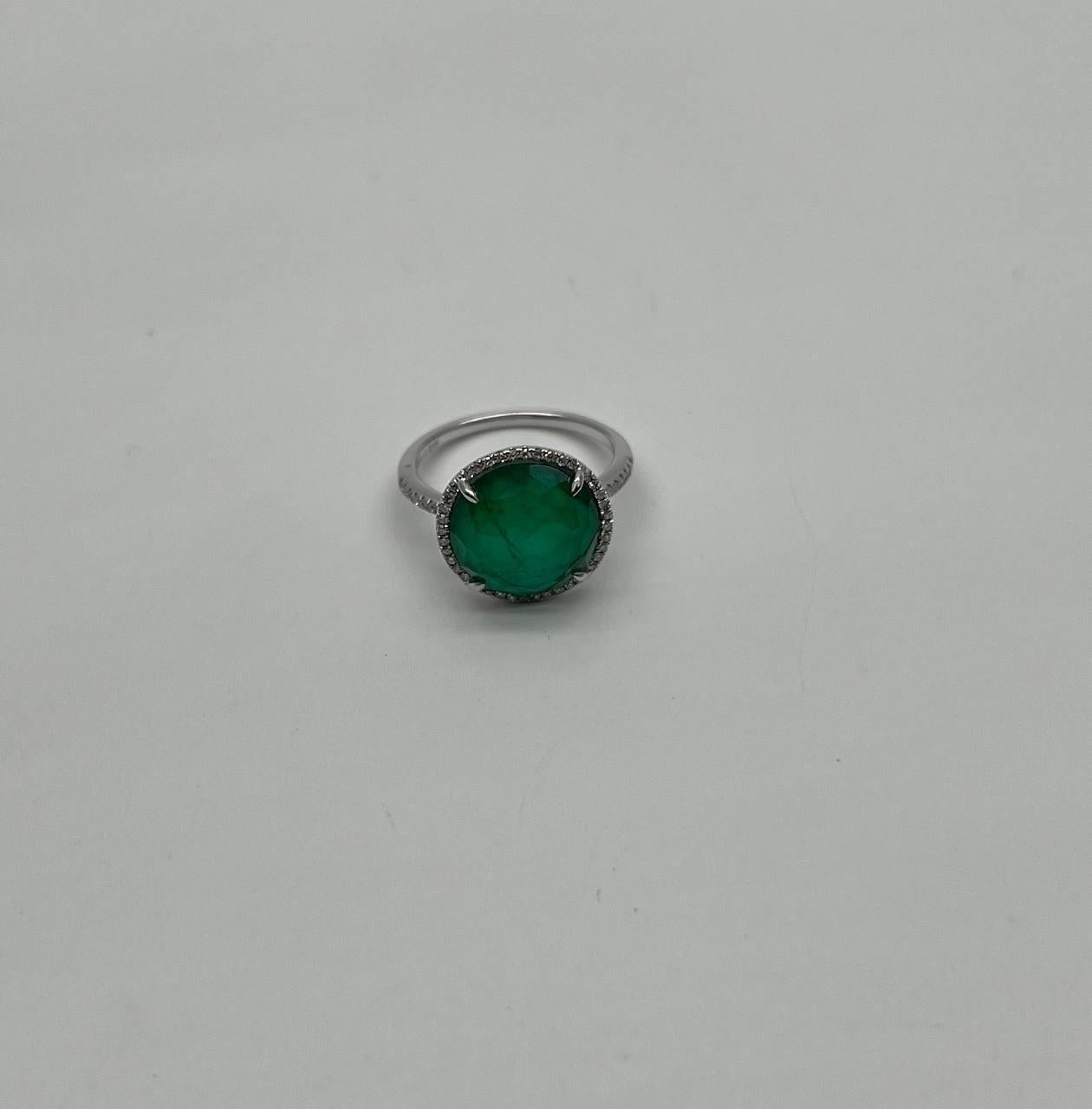 Faceted Green Emerald Cabochon White Diamond 14K White Gold Statement Ring For Sale 3