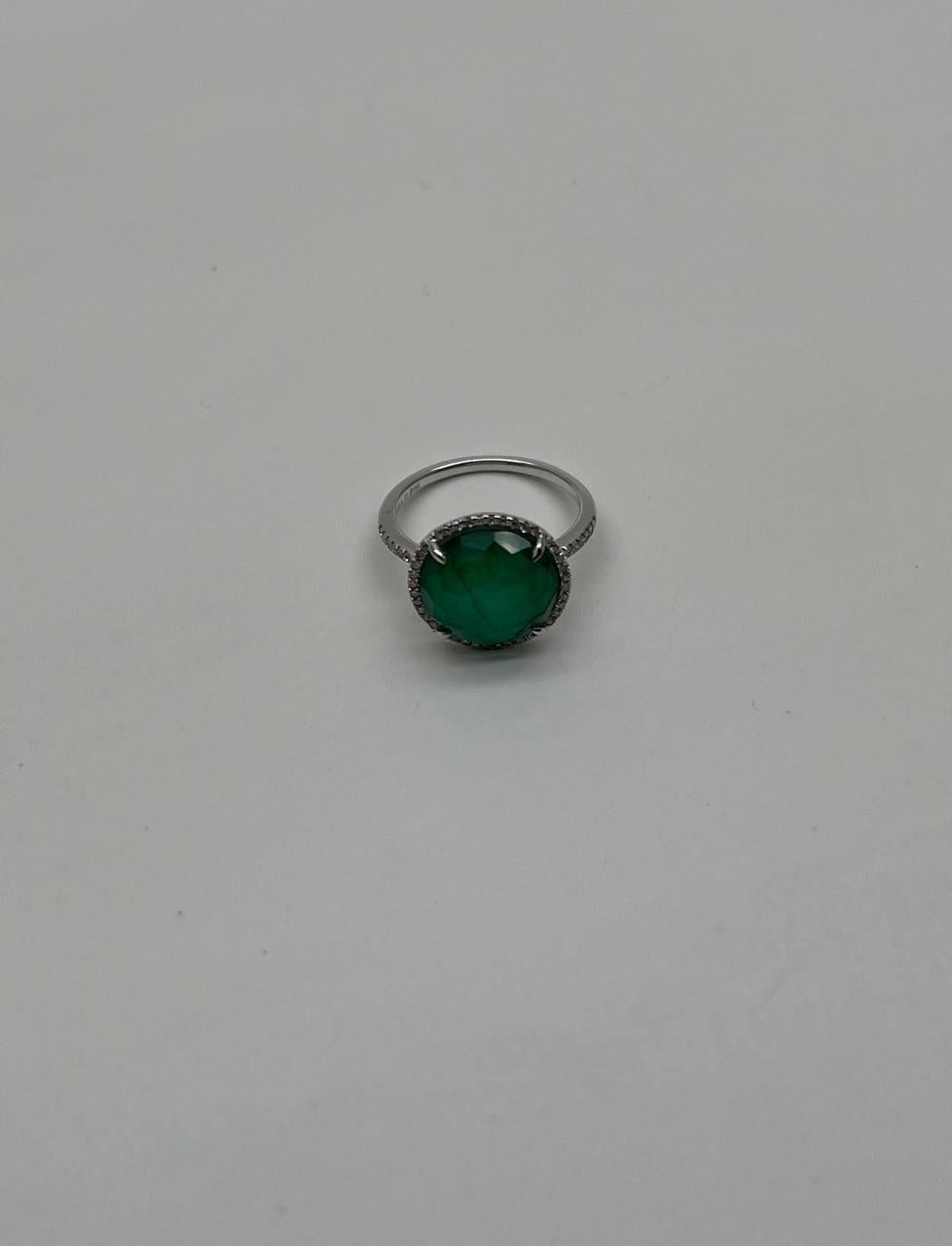 Faceted Green Emerald Cabochon White Diamond 14K White Gold Statement Ring For Sale 4