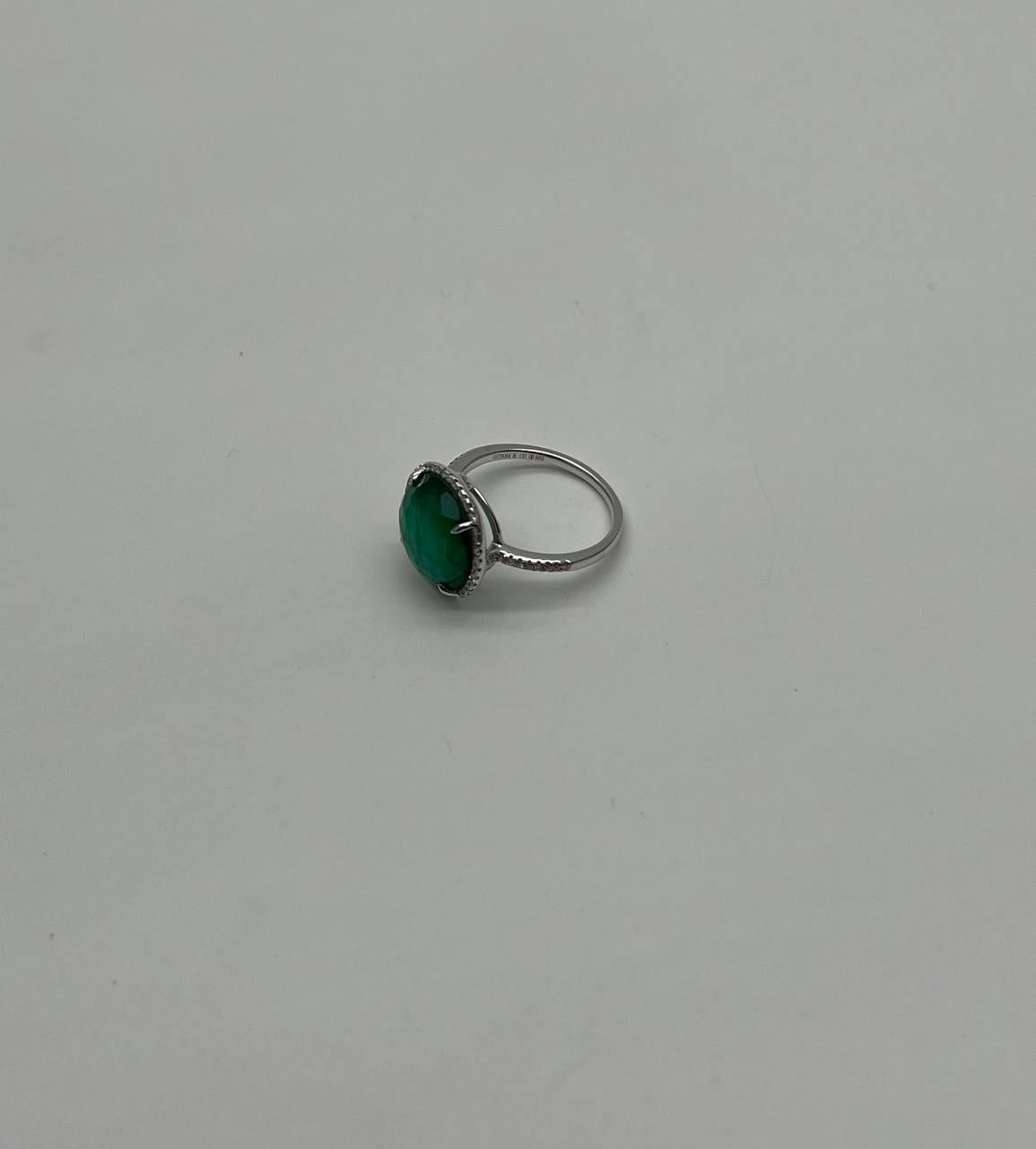 Faceted Green Emerald Cabochon White Diamond 14K White Gold Statement Ring For Sale 5