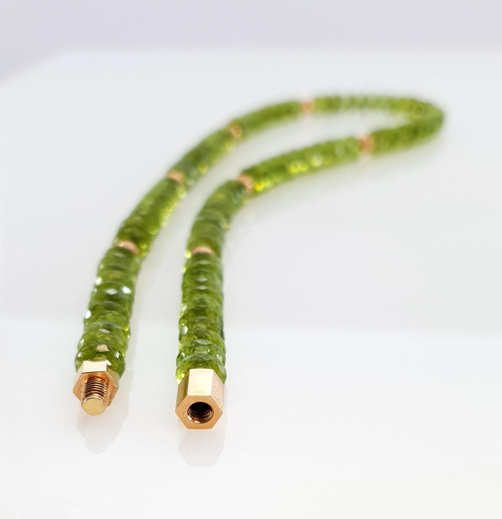 Arts and Crafts Faceted Green Peridot Rondel Beaded Necklace with 18 Carat Rose Gold For Sale