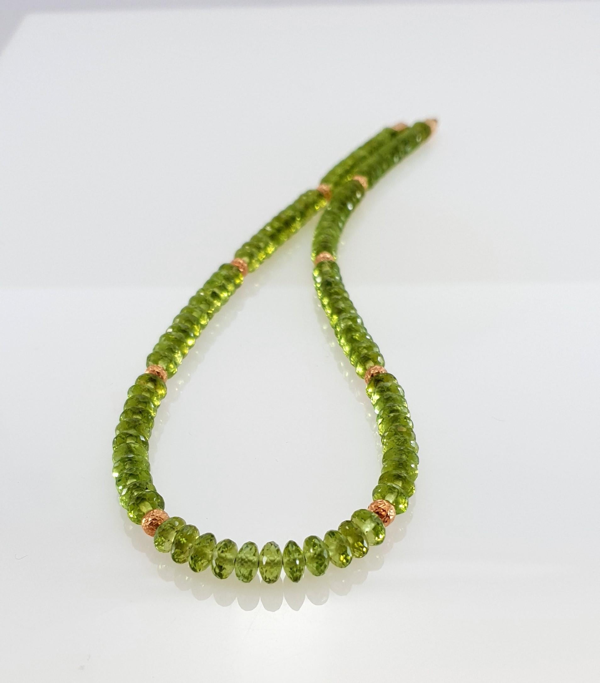 Women's Faceted Green Peridot Rondel Beaded Necklace with 18 Carat Rose Gold For Sale