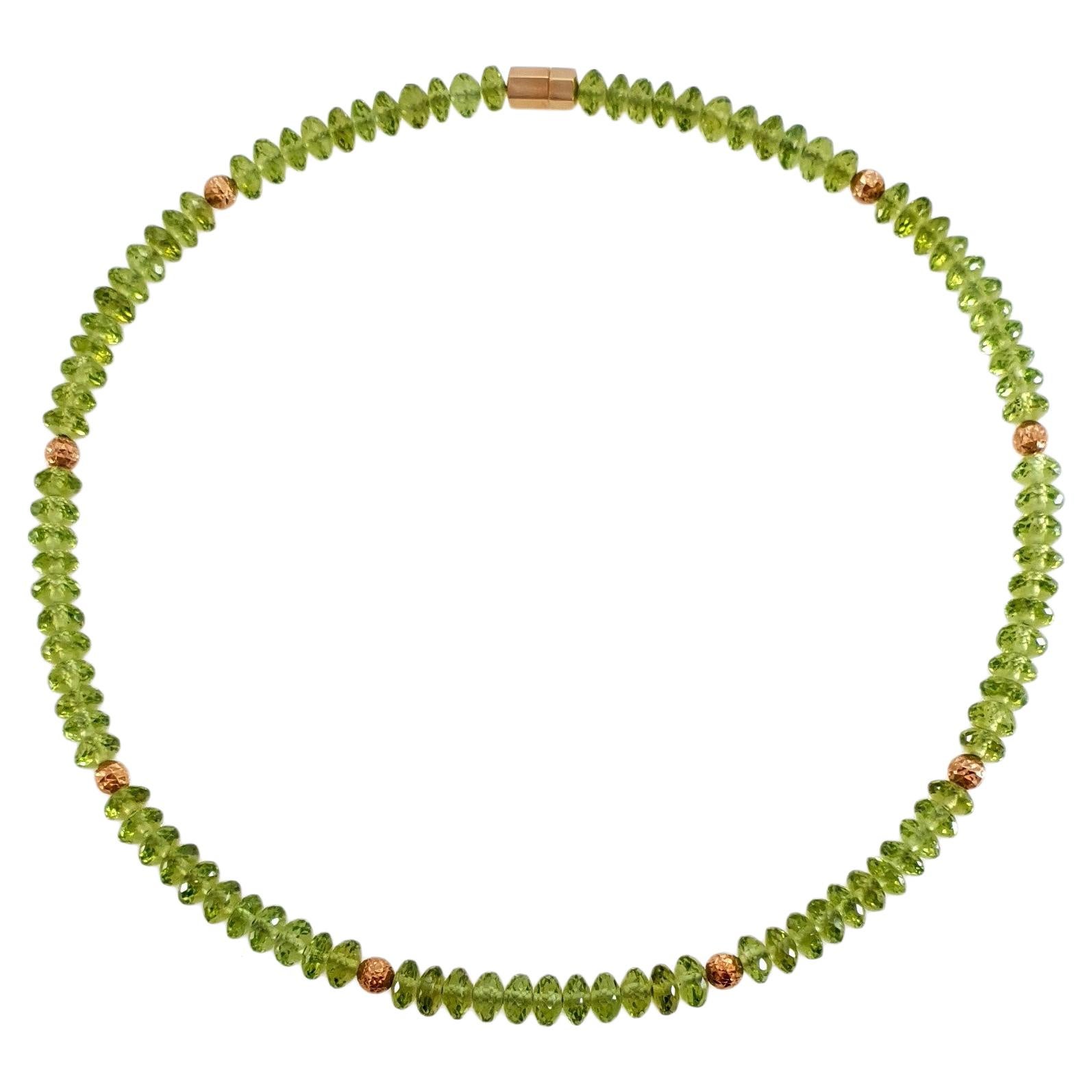 Women's Faceted Green Peridot Rondel Beaded Necklace with 18 Carat Rose Gold For Sale