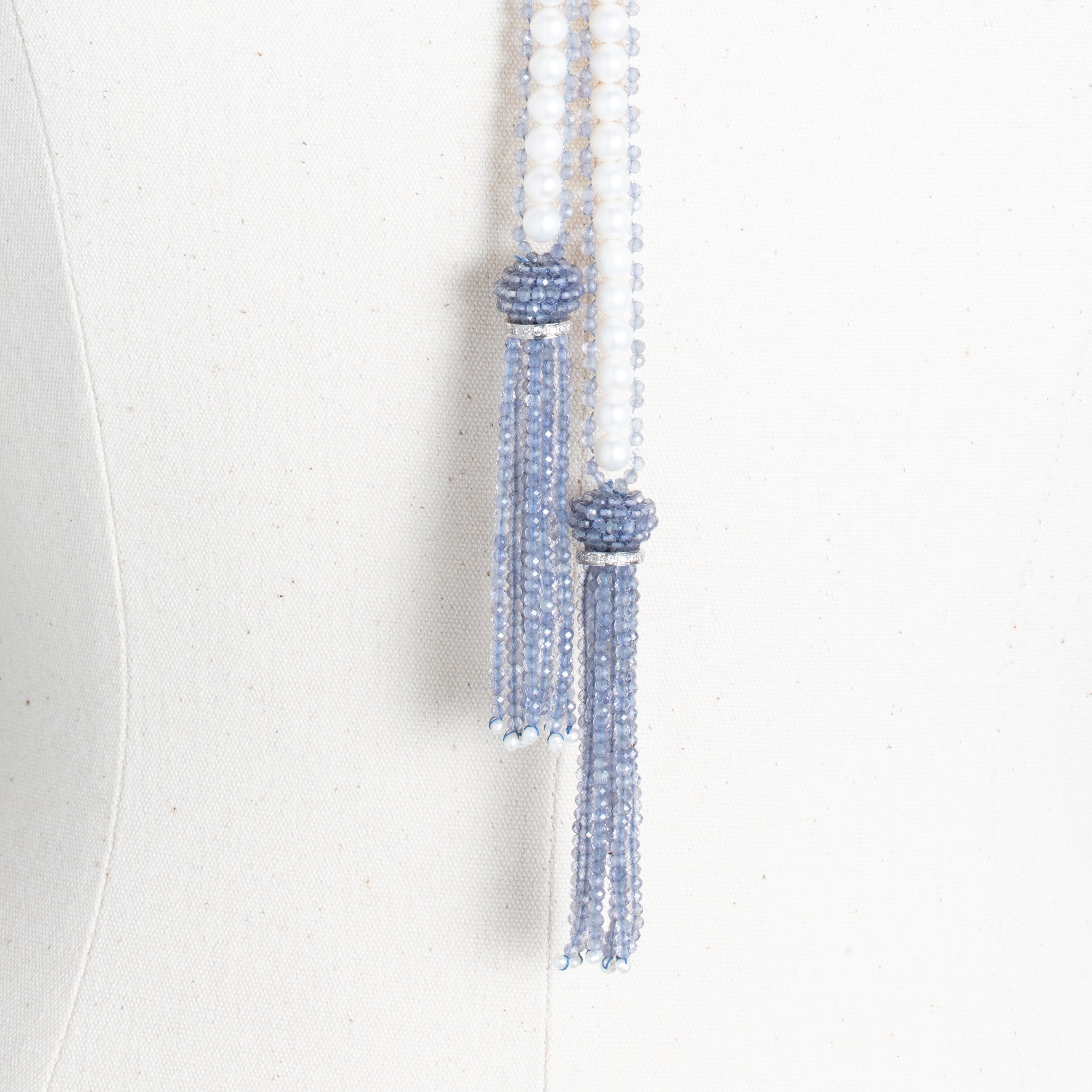 Faceted Iolite, Diamond & Pearl Lariat with Tassels by Deborah Lockhart Phillips In New Condition In Nantucket, MA