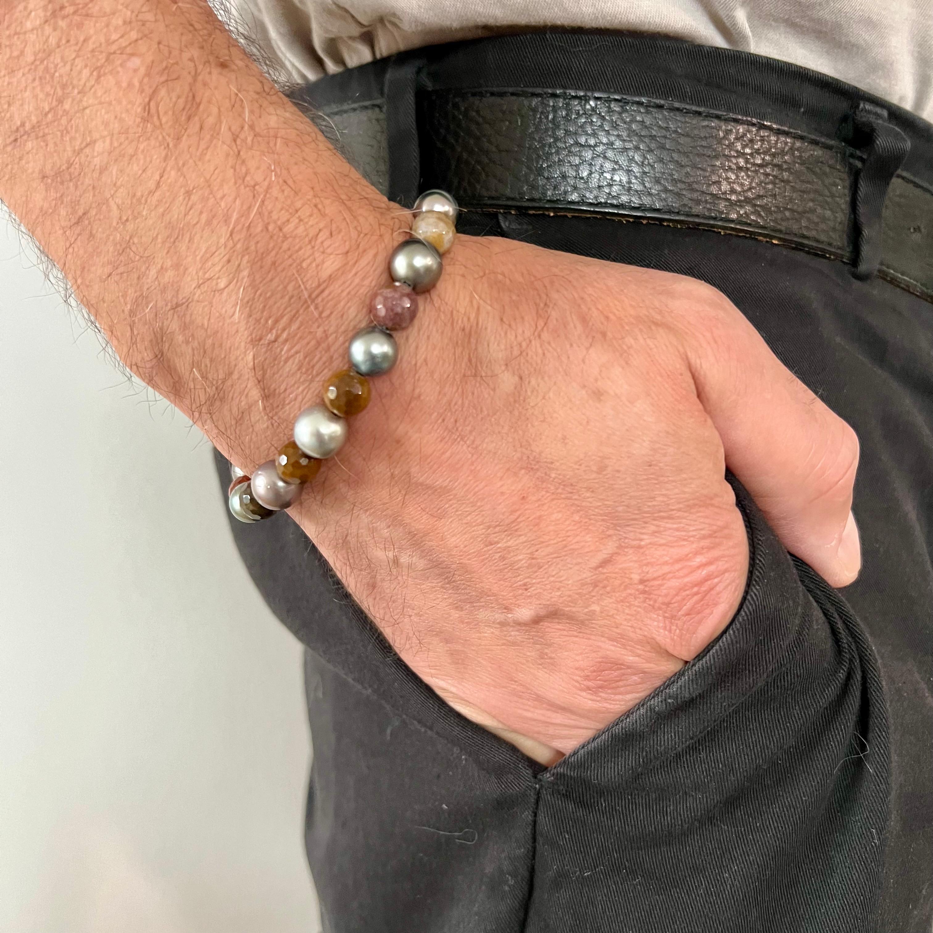 Facettierte Jaspis-Perlen & Tahiti-Perlen Herrenarmband im Angebot 2