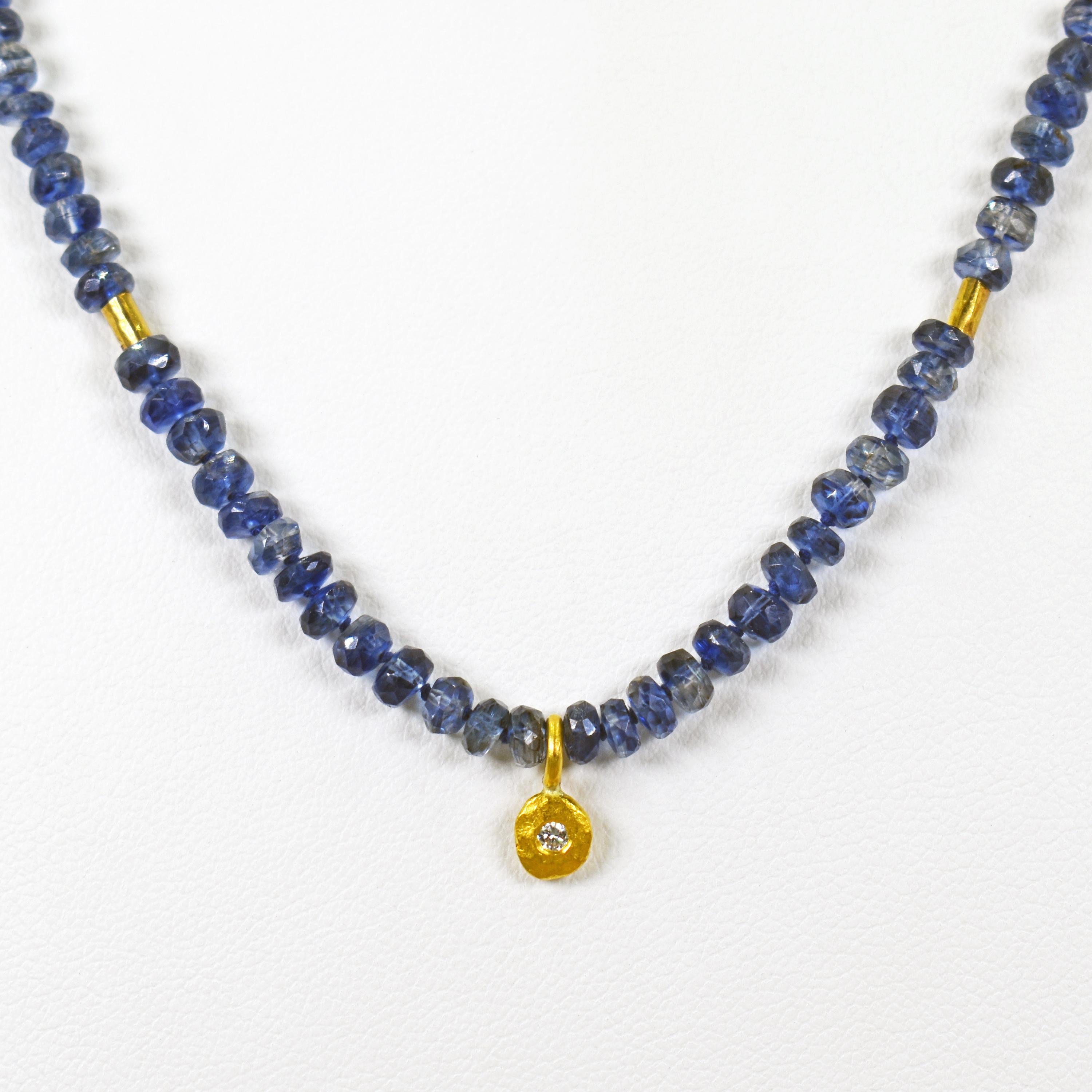 Round Cut Faceted Kyanite & Diamond 22 Karat Gold Charm Beaded Necklace For Sale