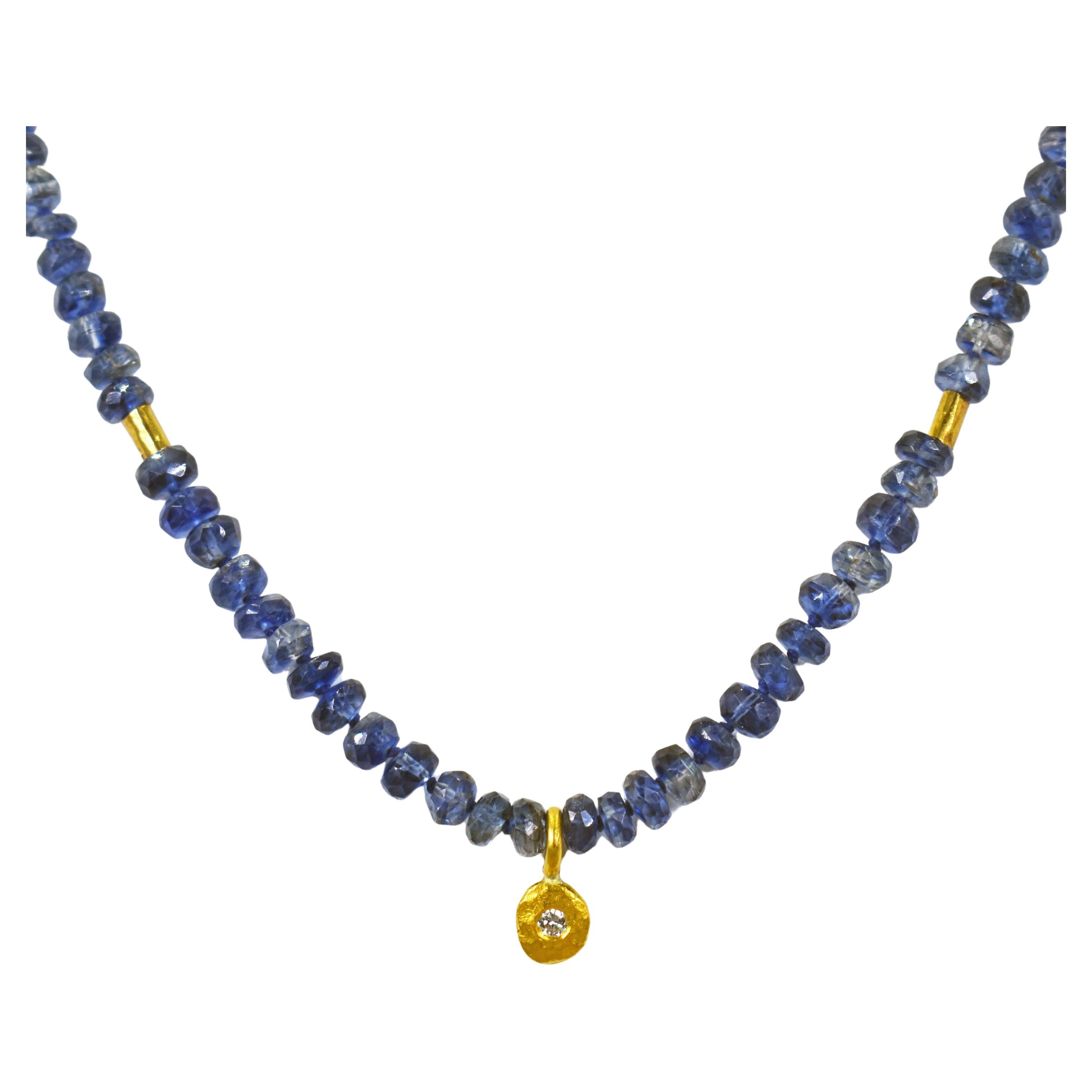 Faceted Kyanite & Diamond 22 Karat Gold Charm Beaded Necklace