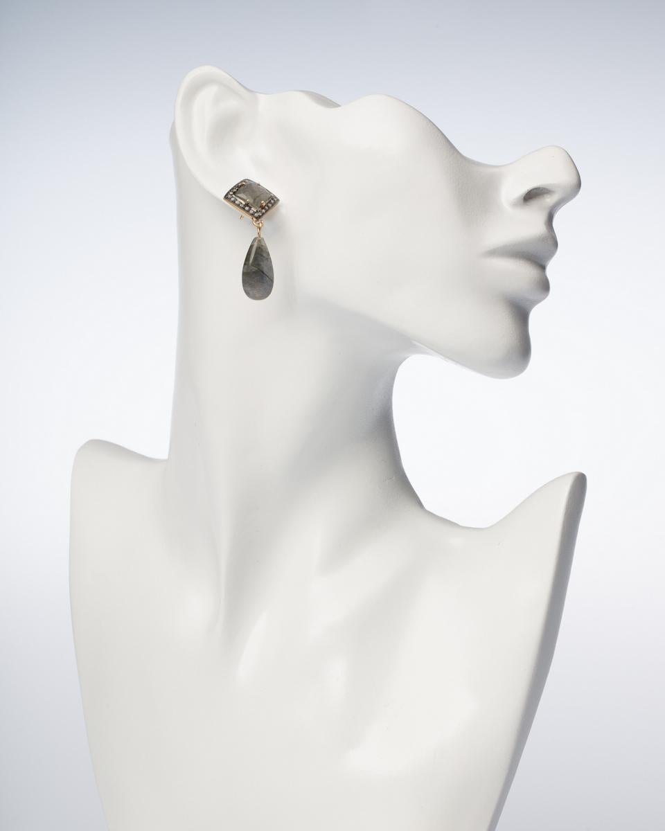 Women's or Men's Faceted Labradorite and Diamond Drop Earrings