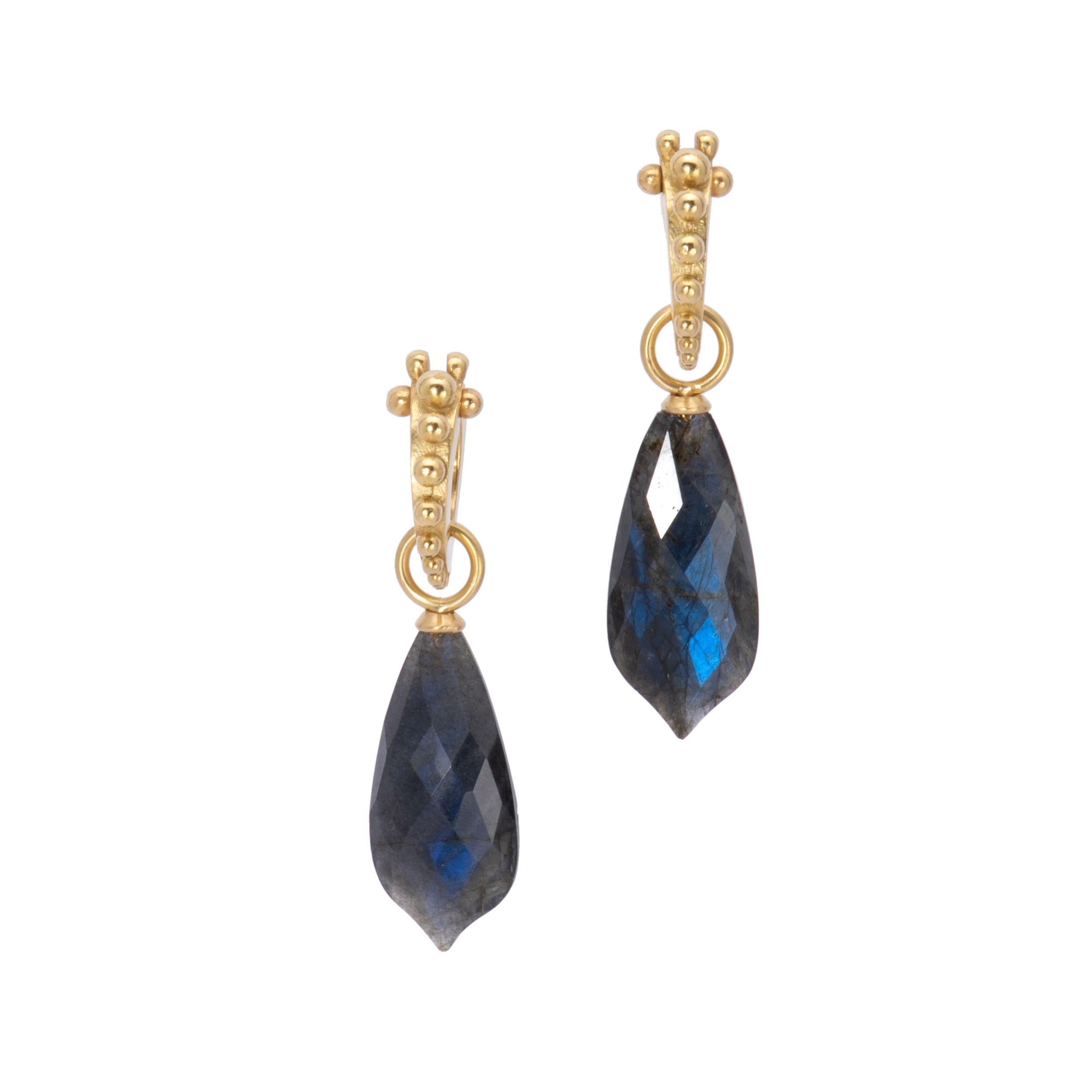 Faceted Labradorite Briolette Drop Earrings in 18 Karat Gold For Sale