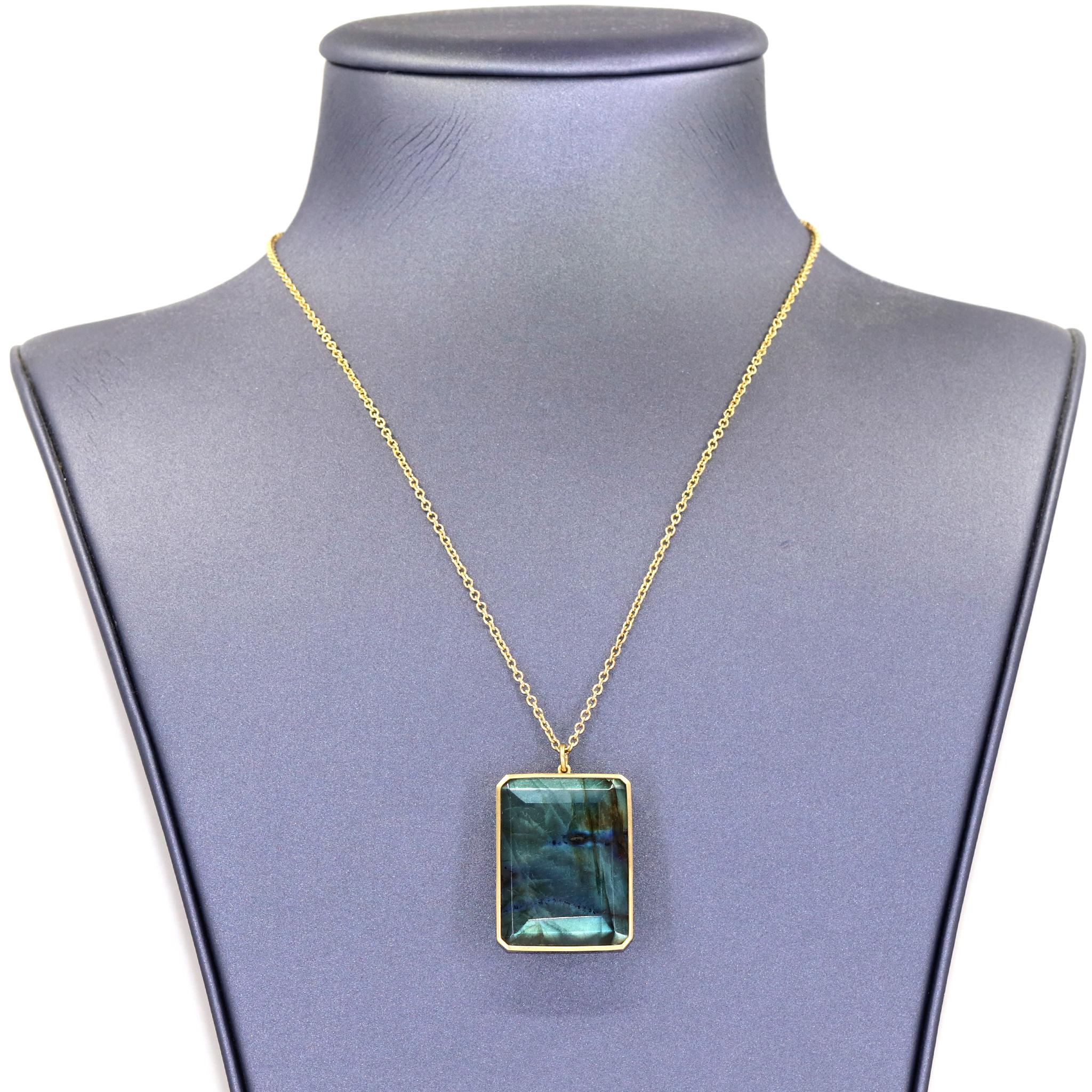 One of a Kind Necklace by jewelry maker Lola Brooks hand-fabricated in matte-finished 18k yellow gold featuring a gorgeous faceted labradorite (43.39tcw) octagon with sensational color play, bezel-set and finished on an 18k yellow gold chain.