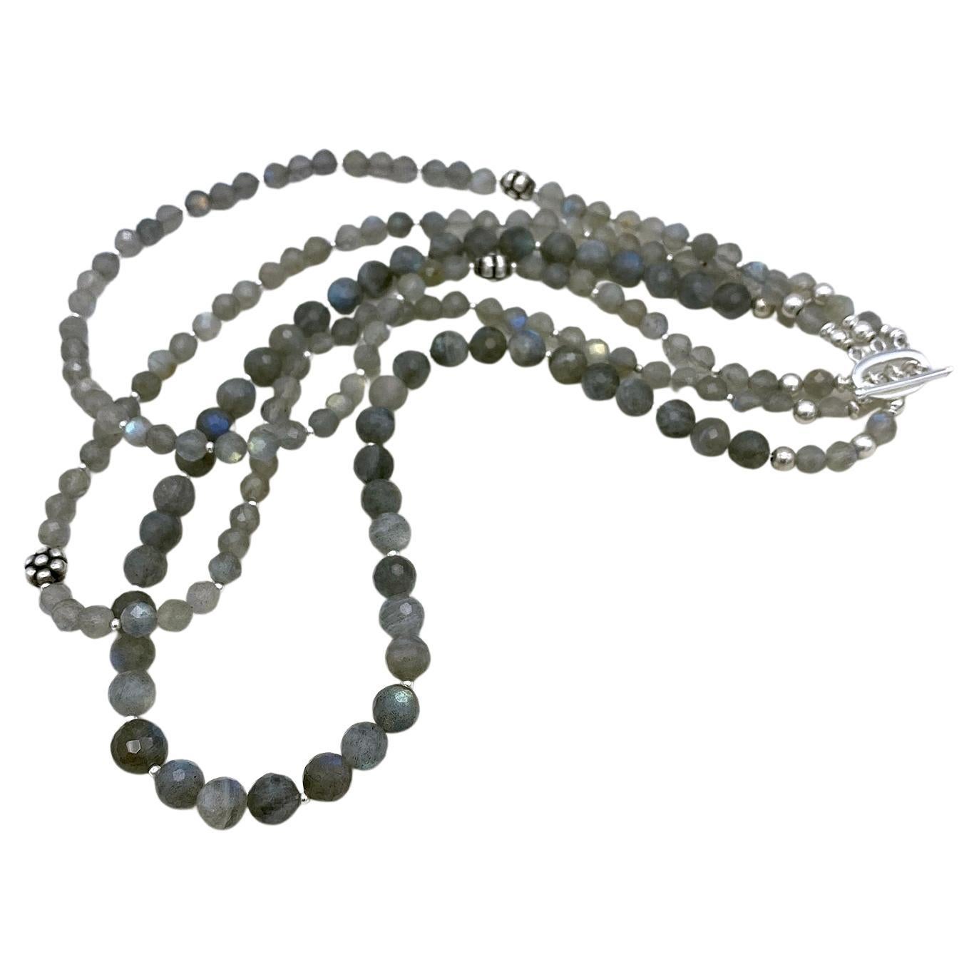 Artisan Faceted Labradorite & Sterling Silver Triple Strand Necklace For Sale