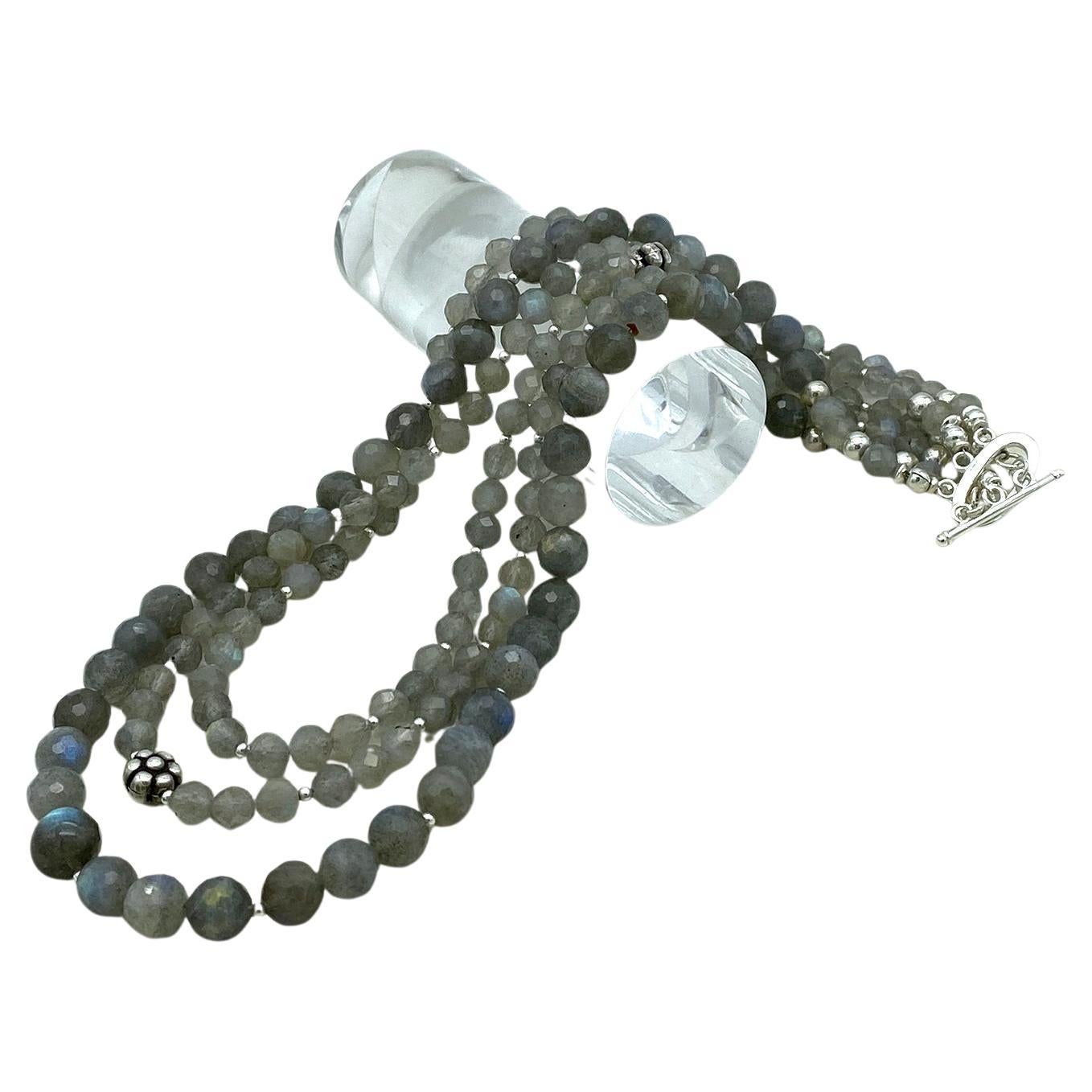 Women's Faceted Labradorite & Sterling Silver Triple Strand Necklace For Sale