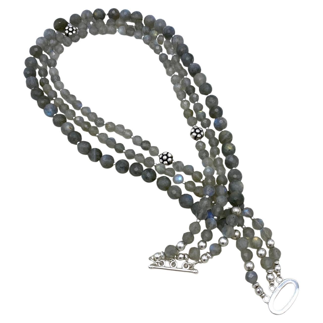 Faceted Labradorite & Sterling Silver Triple Strand Necklace For Sale 1