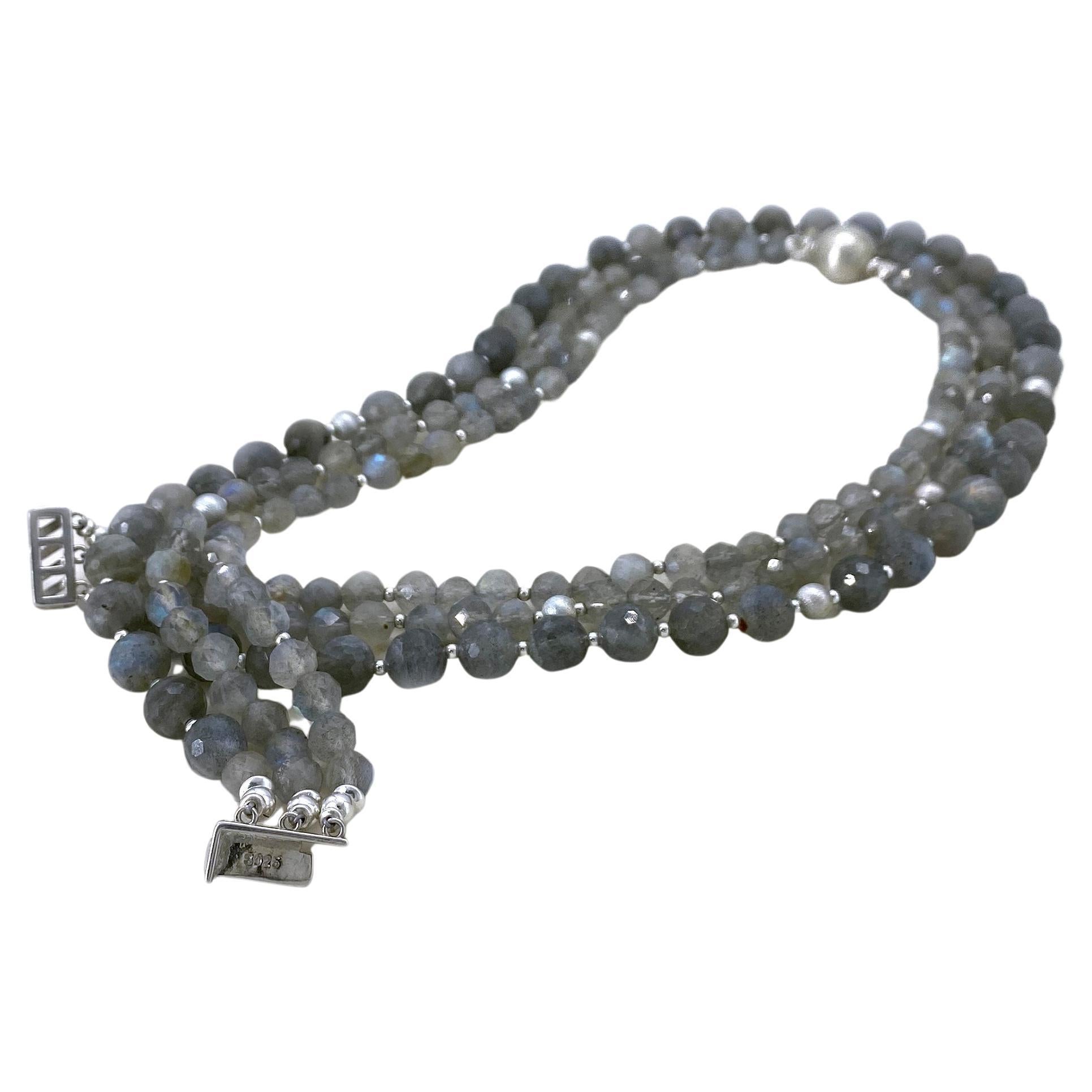 Collar de tres vueltas de labradorita facetada y plata de ley en venta 2
