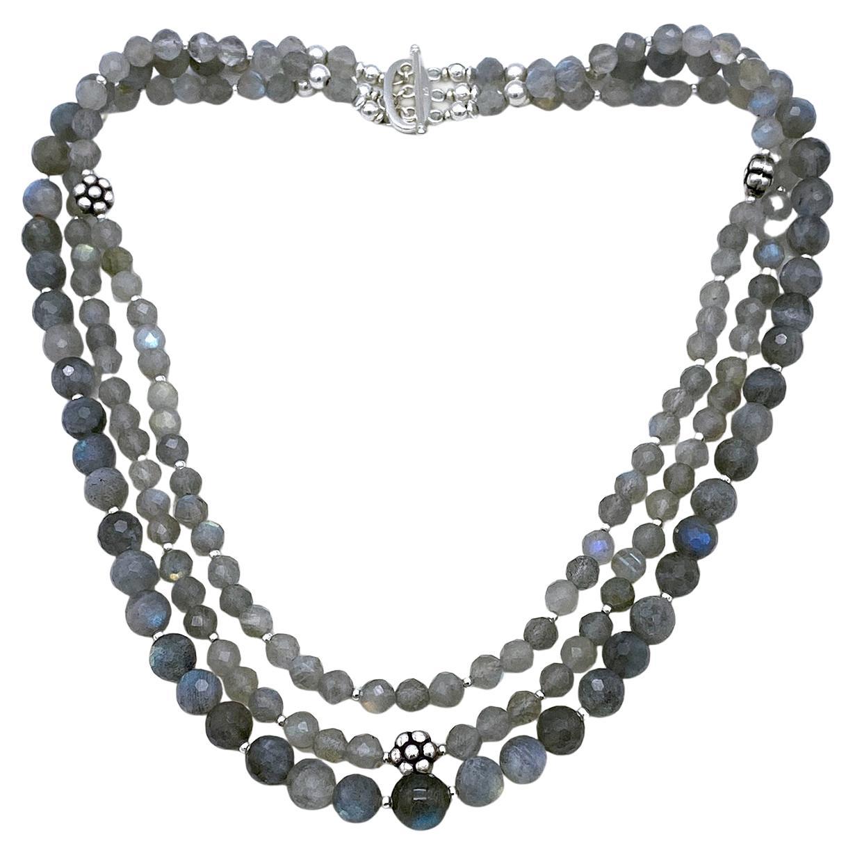 Faceted Labradorite & Sterling Silver Triple Strand Necklace For Sale